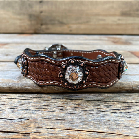 Leather Dog Collar With Copper Champagne and Clear Conchos 10" to 22"