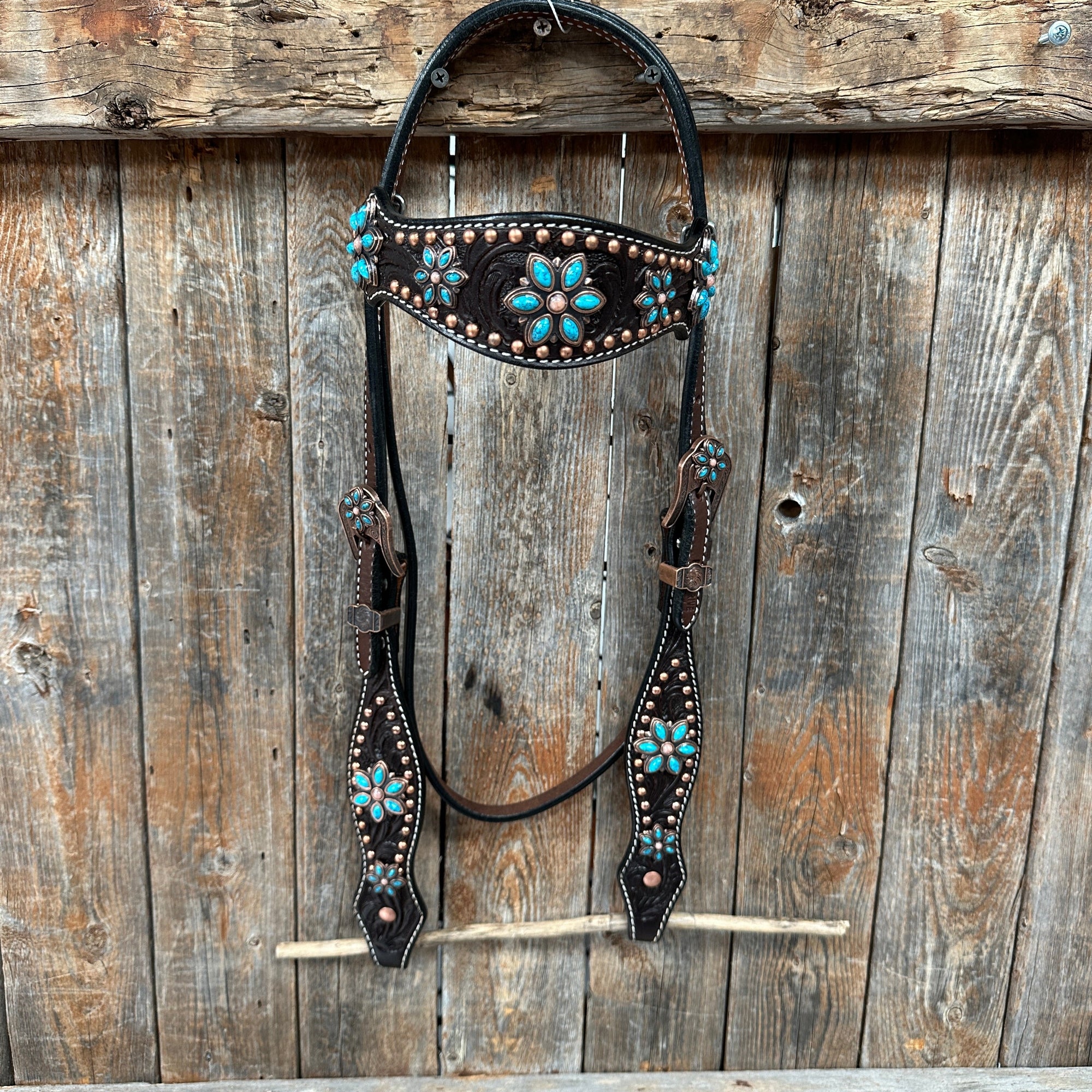 Dark Oil Turquoise Floral One Ear / Browband &amp; Breastcollar Tack Set 