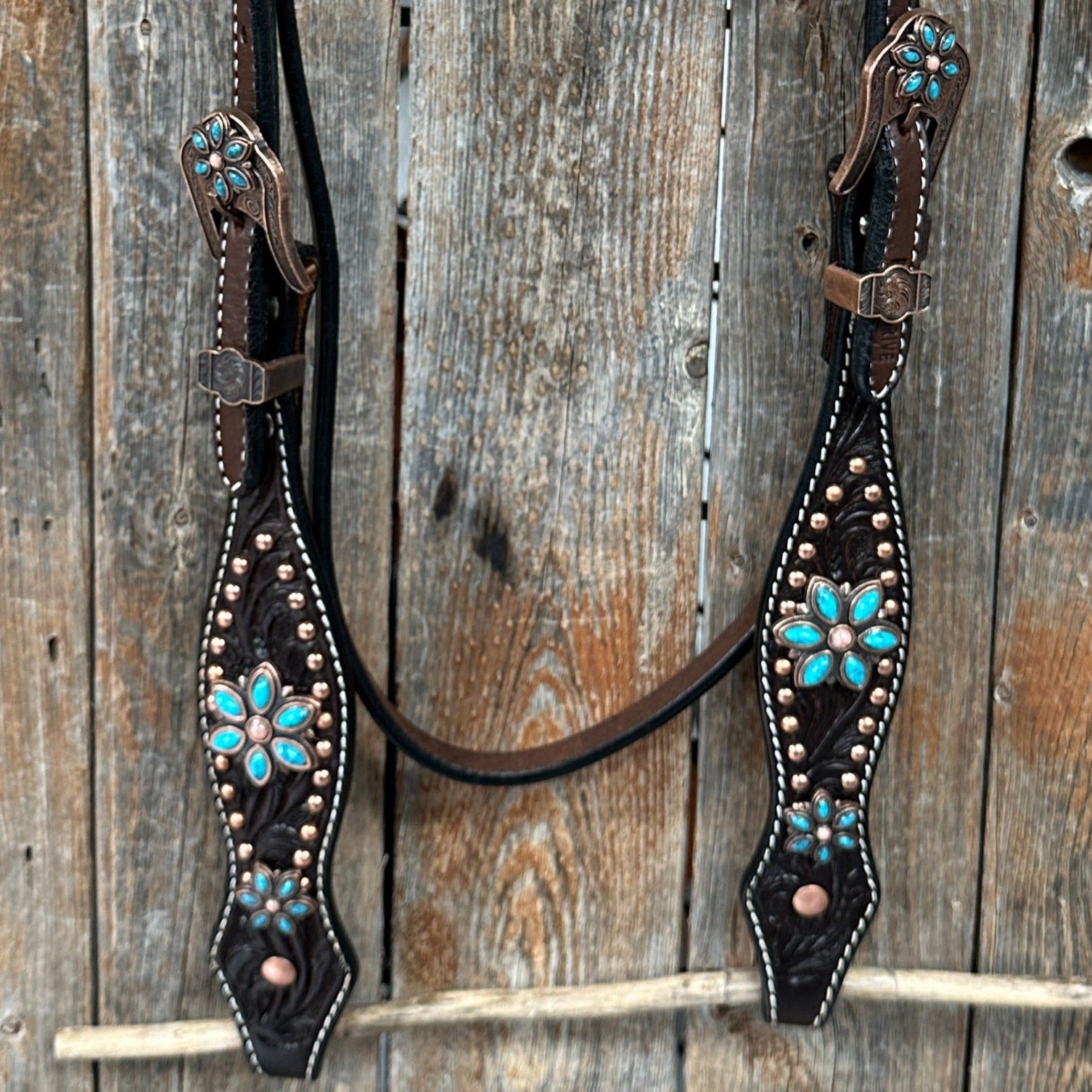 Dark Oil Turquoise Floral One Ear / Browband &amp; Breastcollar Tack Set 