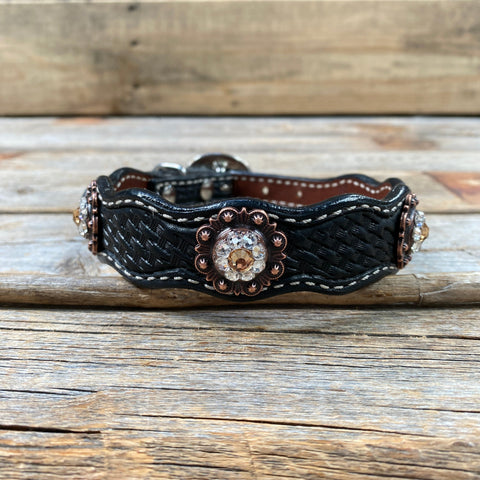 Leather Dog Collar With Copper Champagne and Clear Conchos 10" to 22"