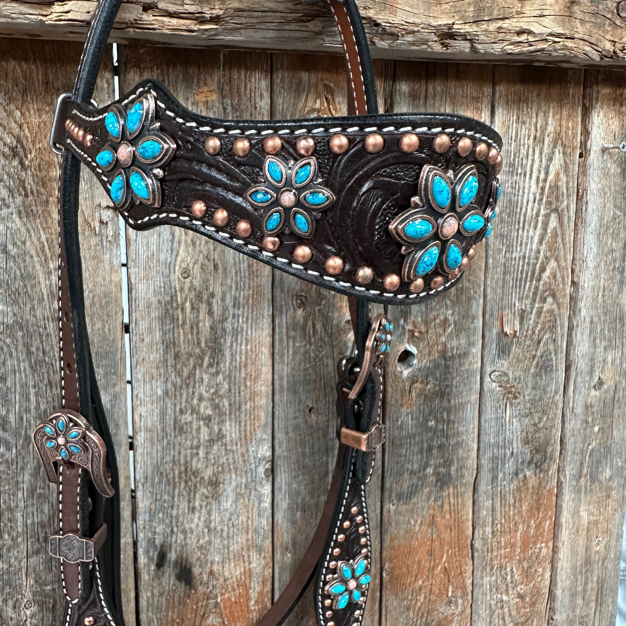 Dark Oil Turquoise Floral One Ear / Browband &amp; Breastcollar Tack Set 