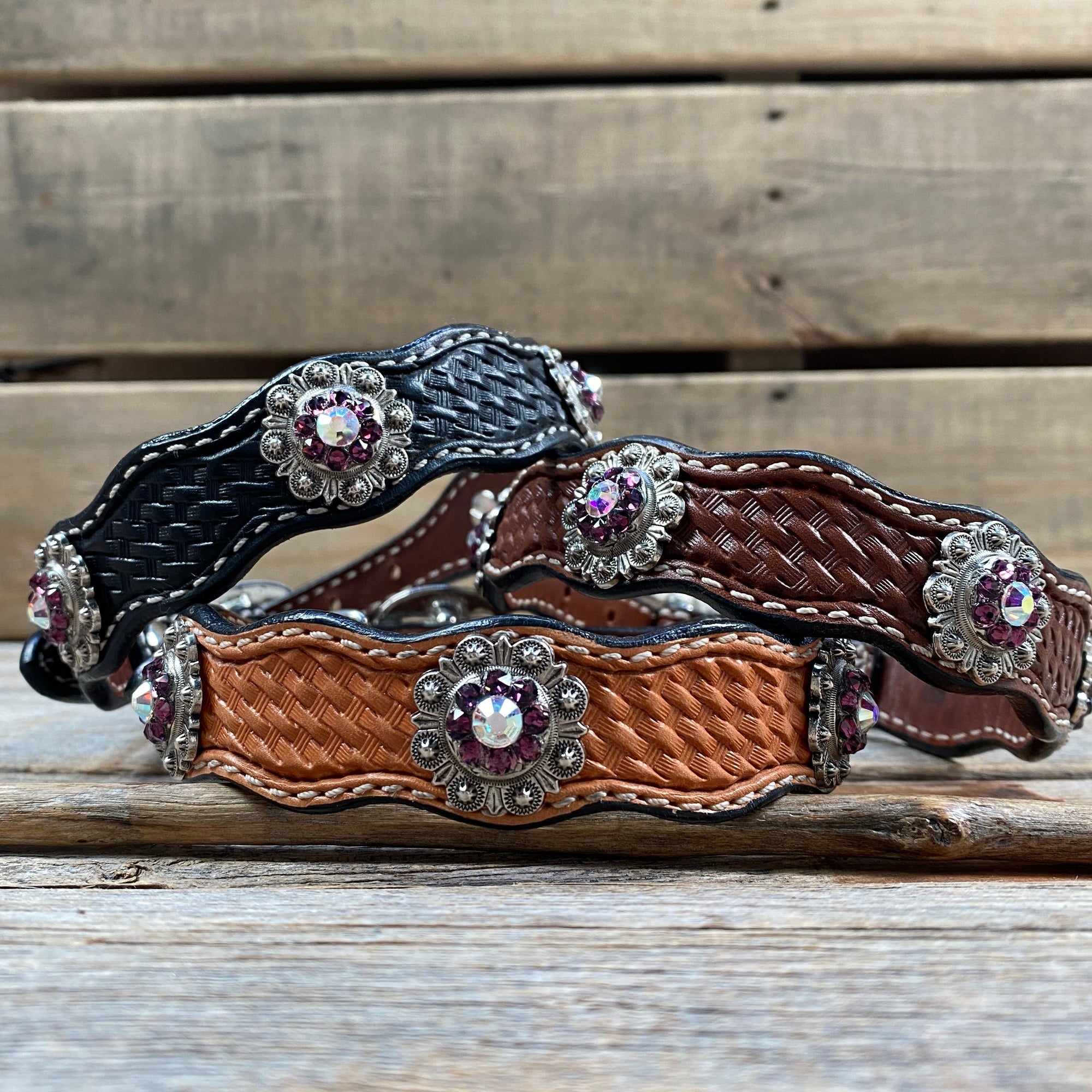 Leather Dog Collar With Antique Silver Amethyst and AB  Conchos 10&quot; to 22&quot; -DC46