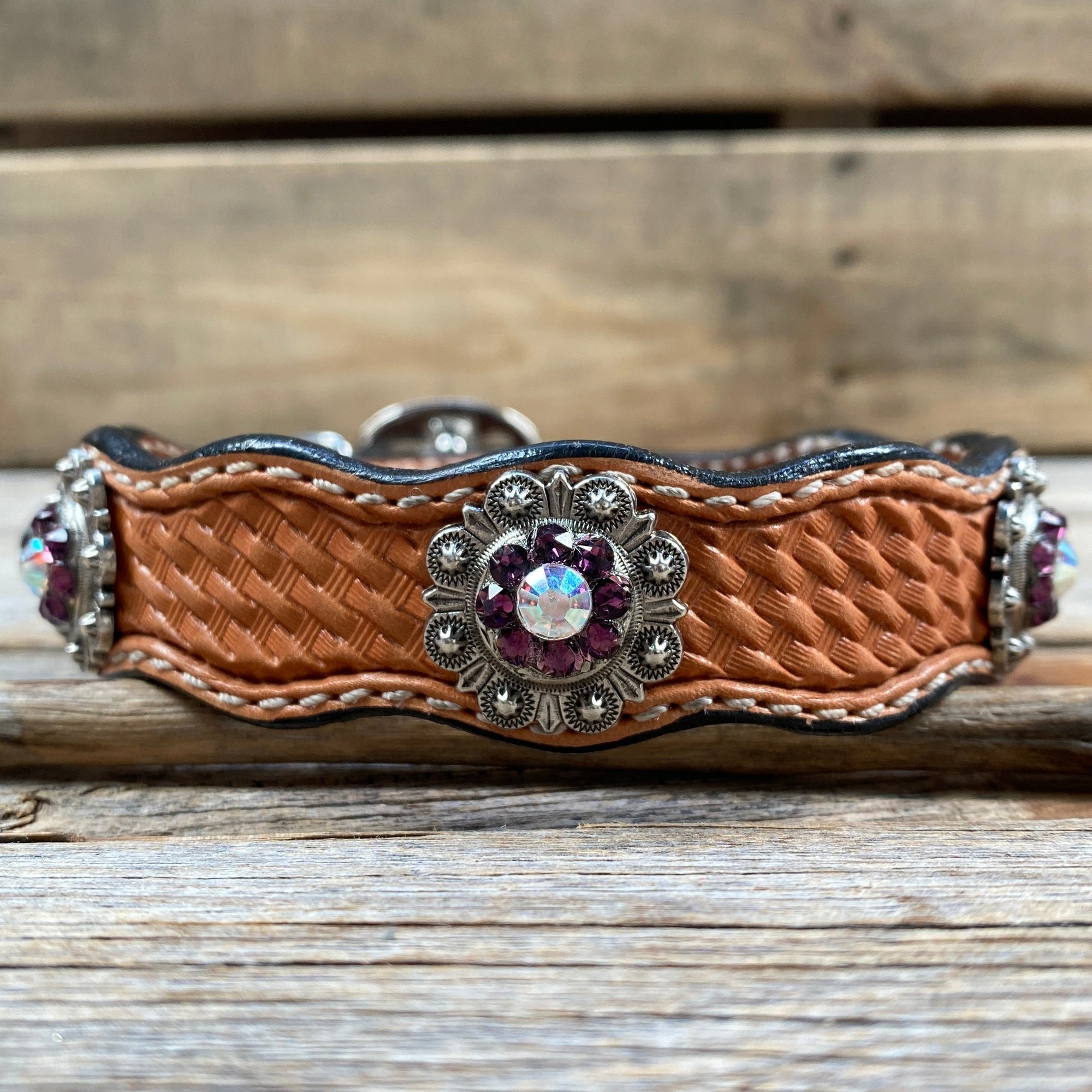 Leather Dog Collar With Antique Silver Amethyst and AB  Conchos 10&quot; to 22&quot; -DC46