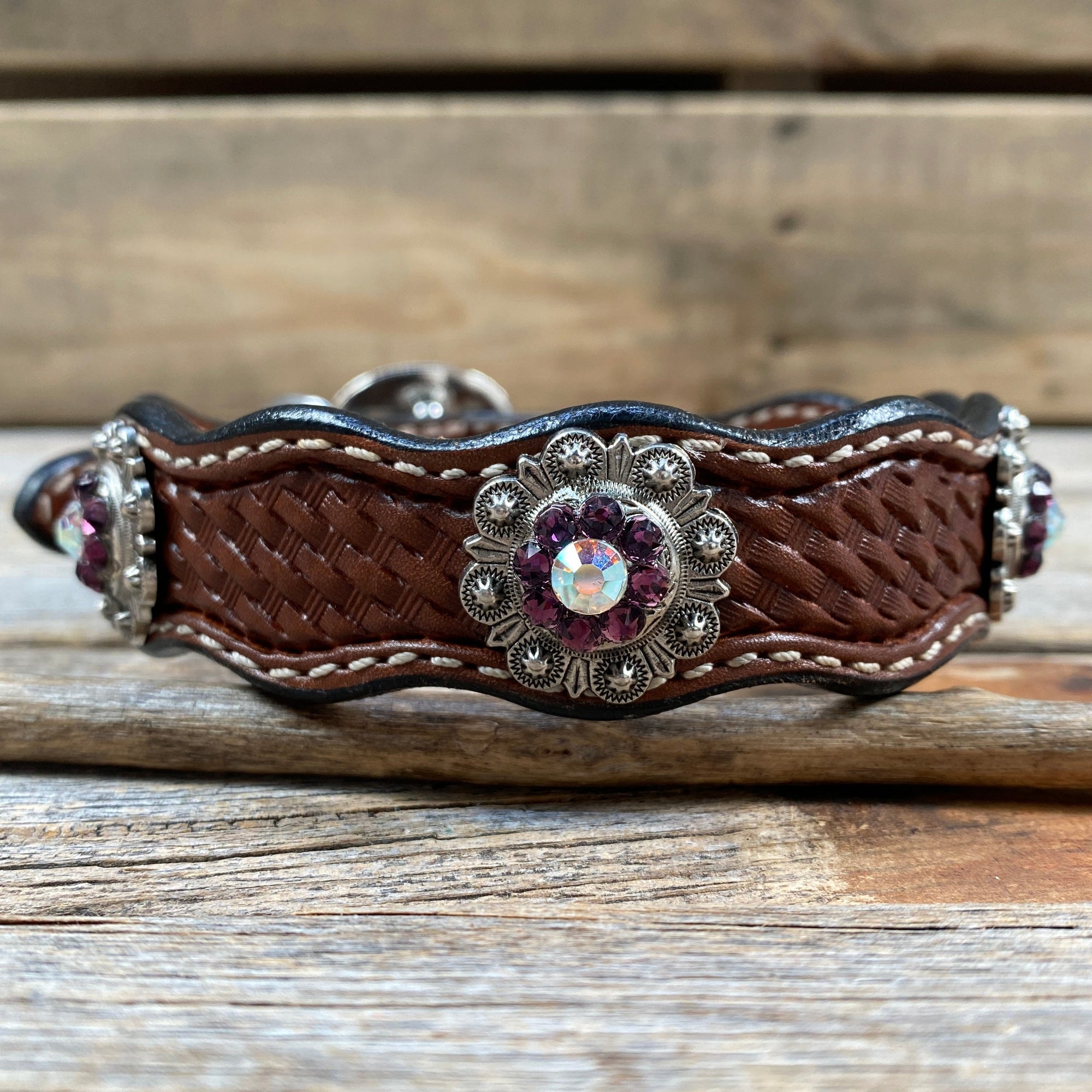 Leather Dog Collar With Antique Silver Amethyst and AB  Conchos 10&quot; to 22&quot; -DC46