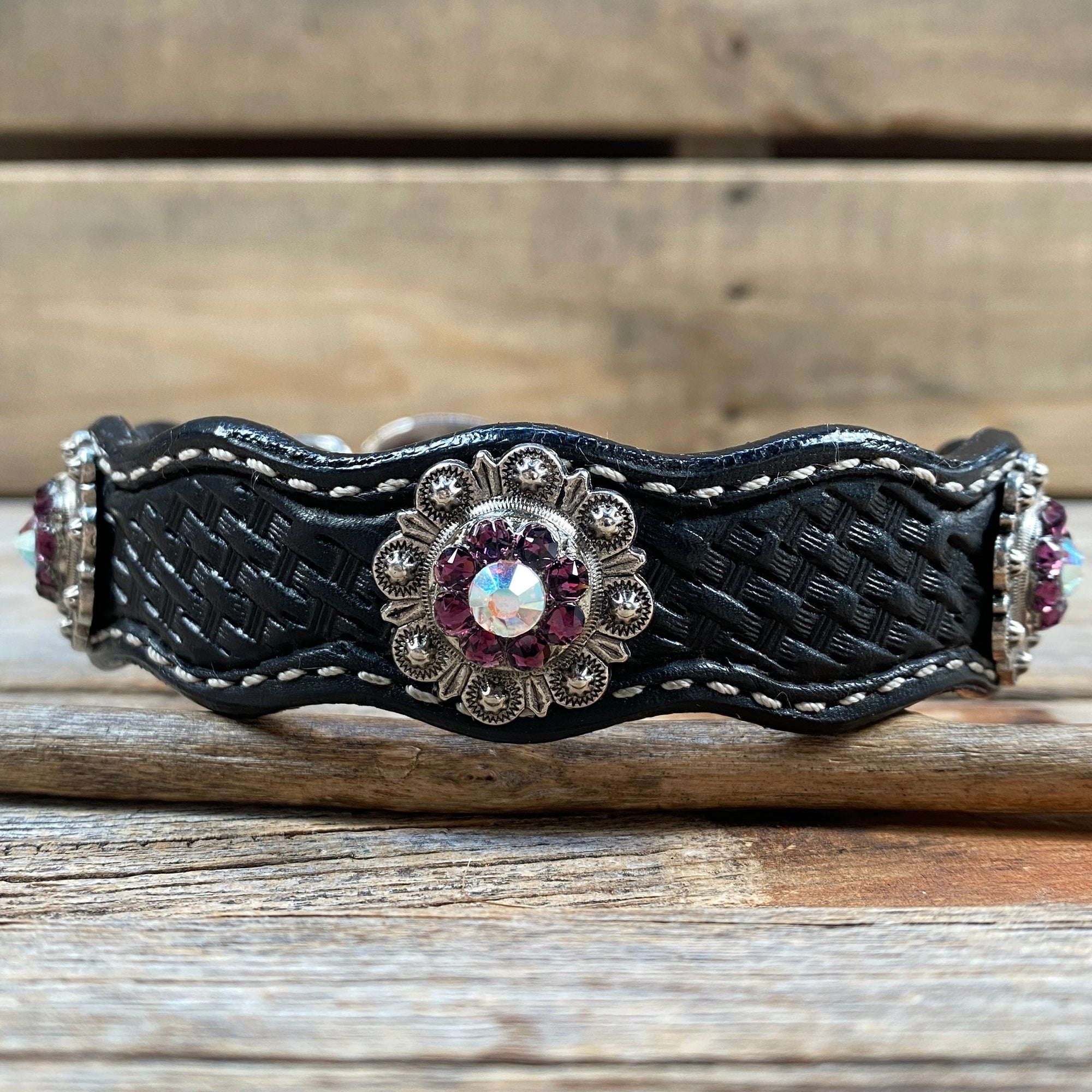 Leather Dog Collar With Antique Silver Amethyst and AB  Conchos 10&quot; to 22&quot; -DC46
