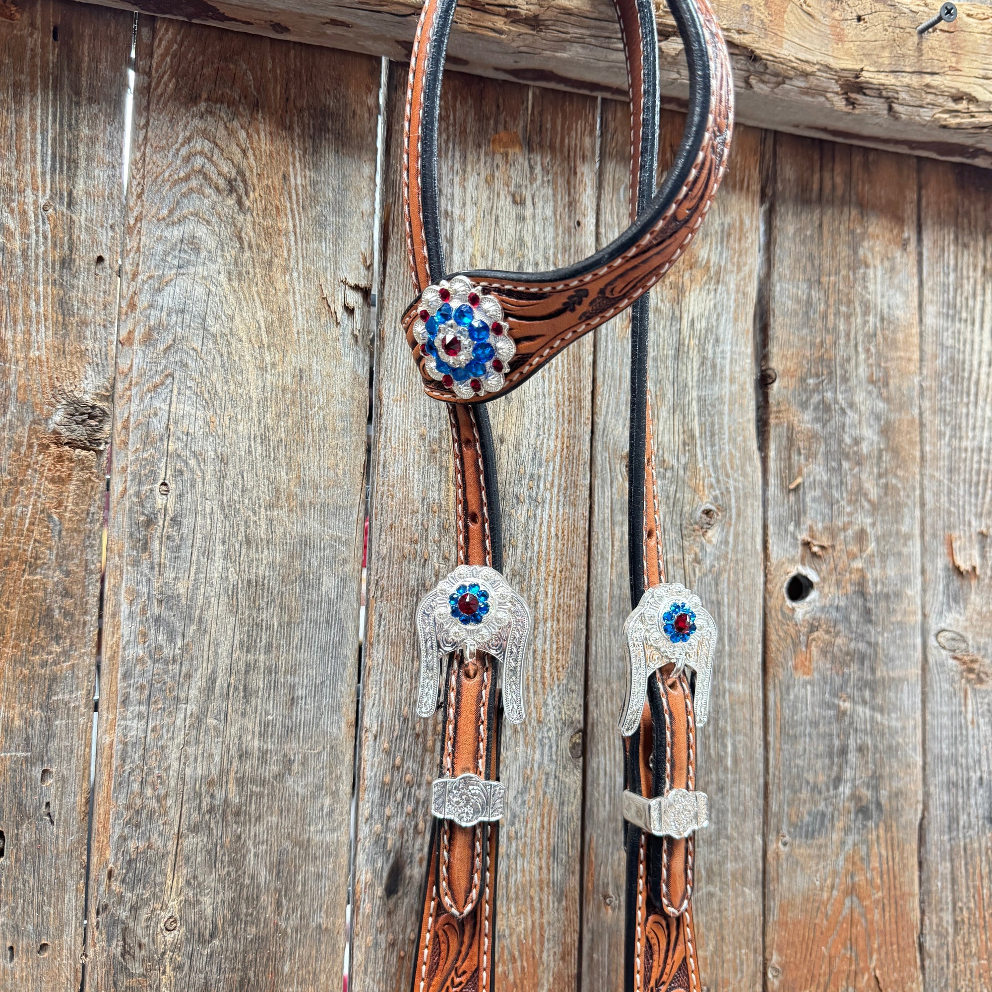 Light Oil Roper Rhinestone and Patriotic Browband/One Ear Tack Set 