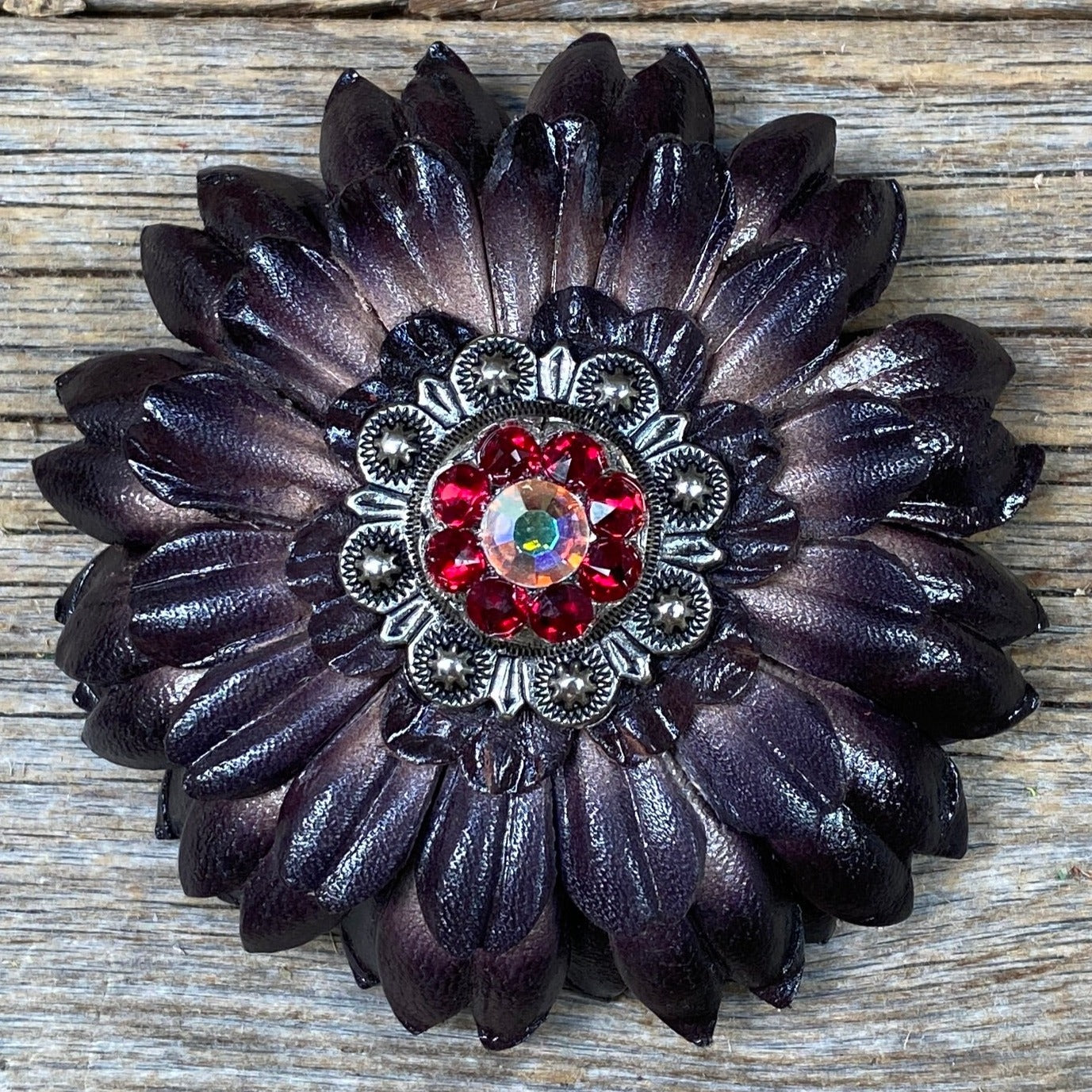 Black Daisy Leather Flowers - 1&quot; Crystal Conchos - Options