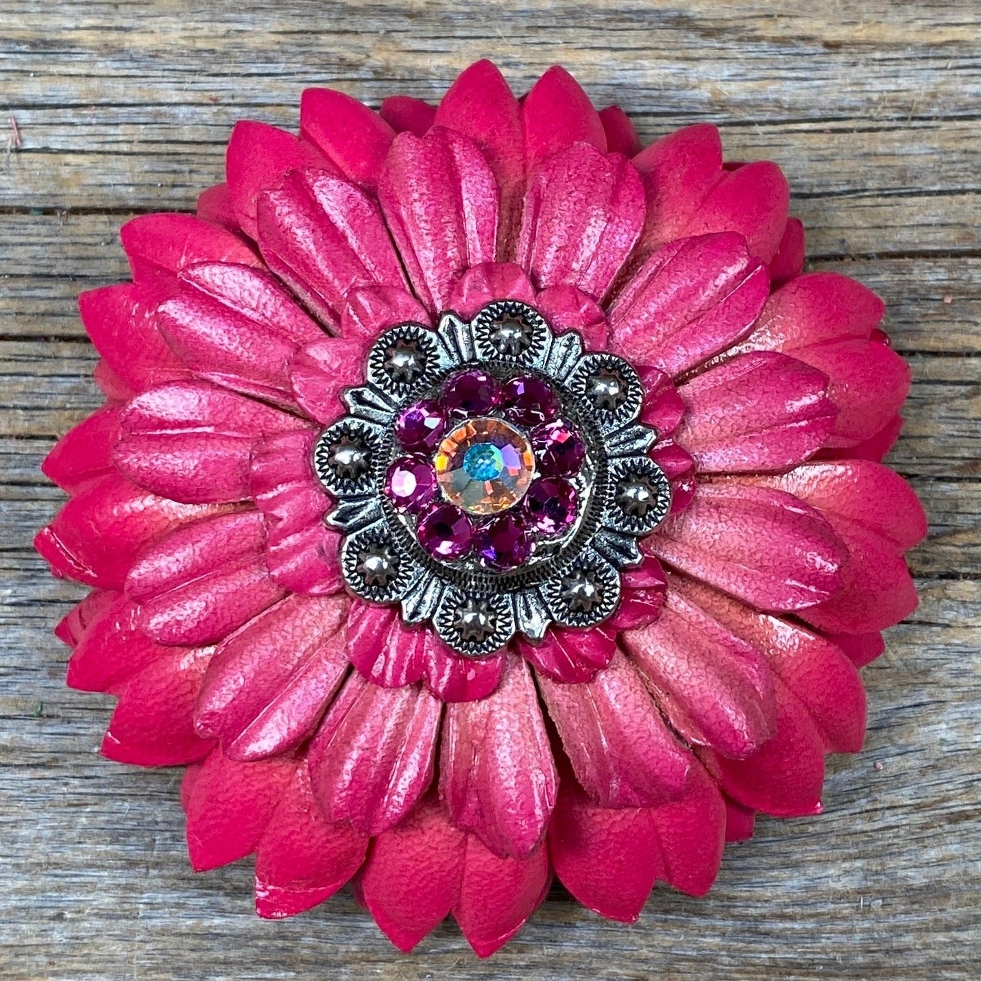 Pink Daisy Leather Flowers - 1&quot; Crystal Conchos - Options