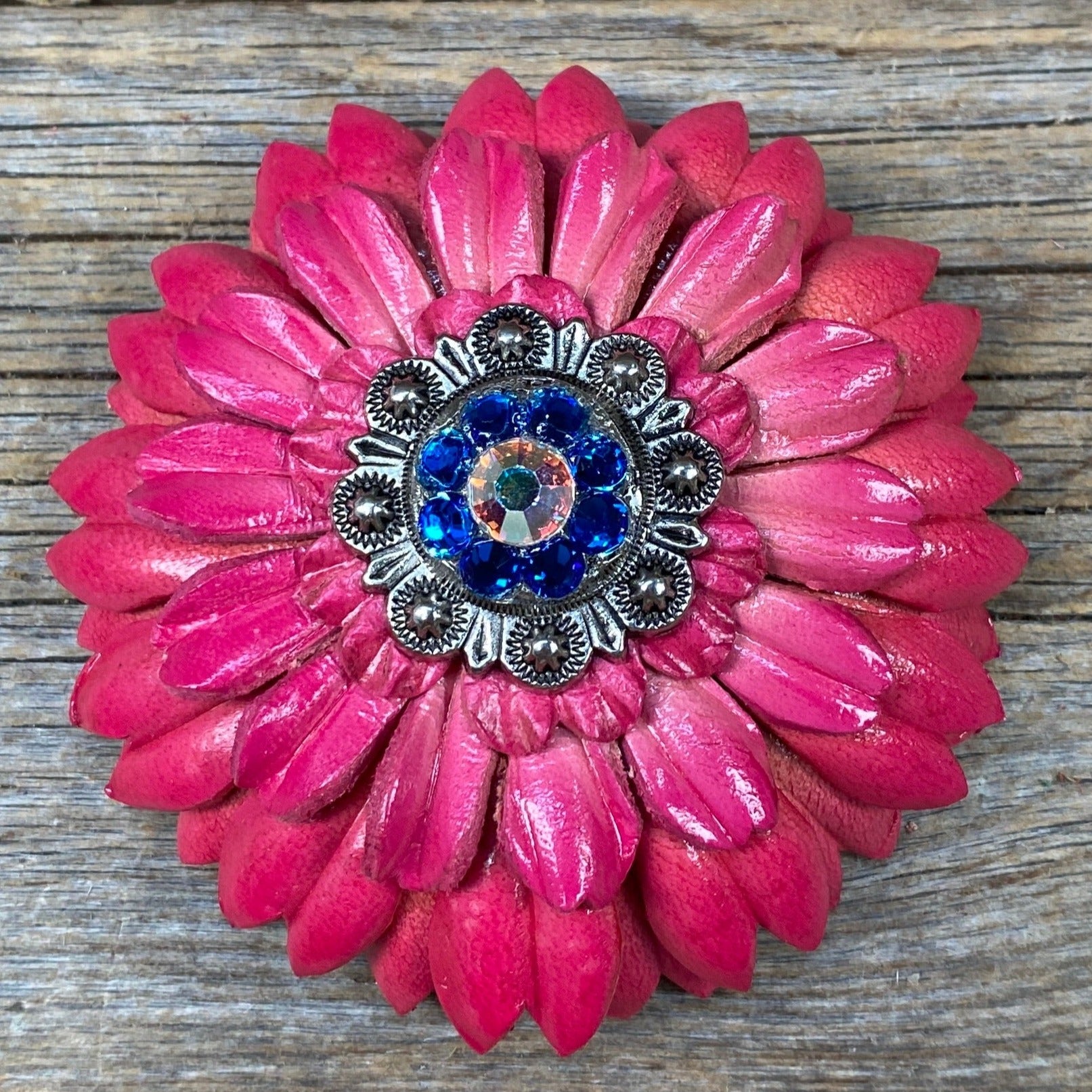 Pink Daisy Leather Flowers - 1&quot; Crystal Conchos - Options