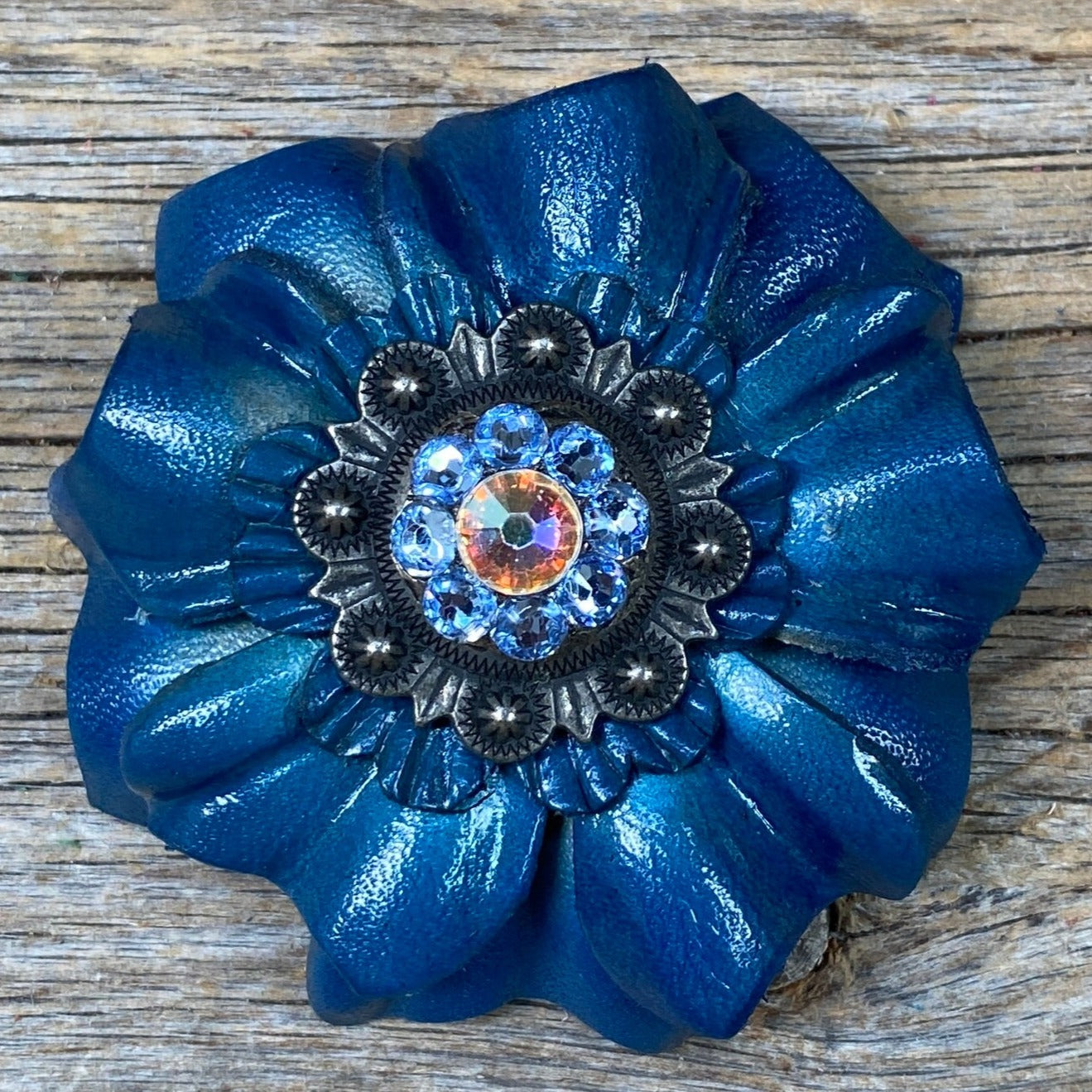 Teal Carnations Leather Flowers - 1&quot; Crystal Conchos - Options