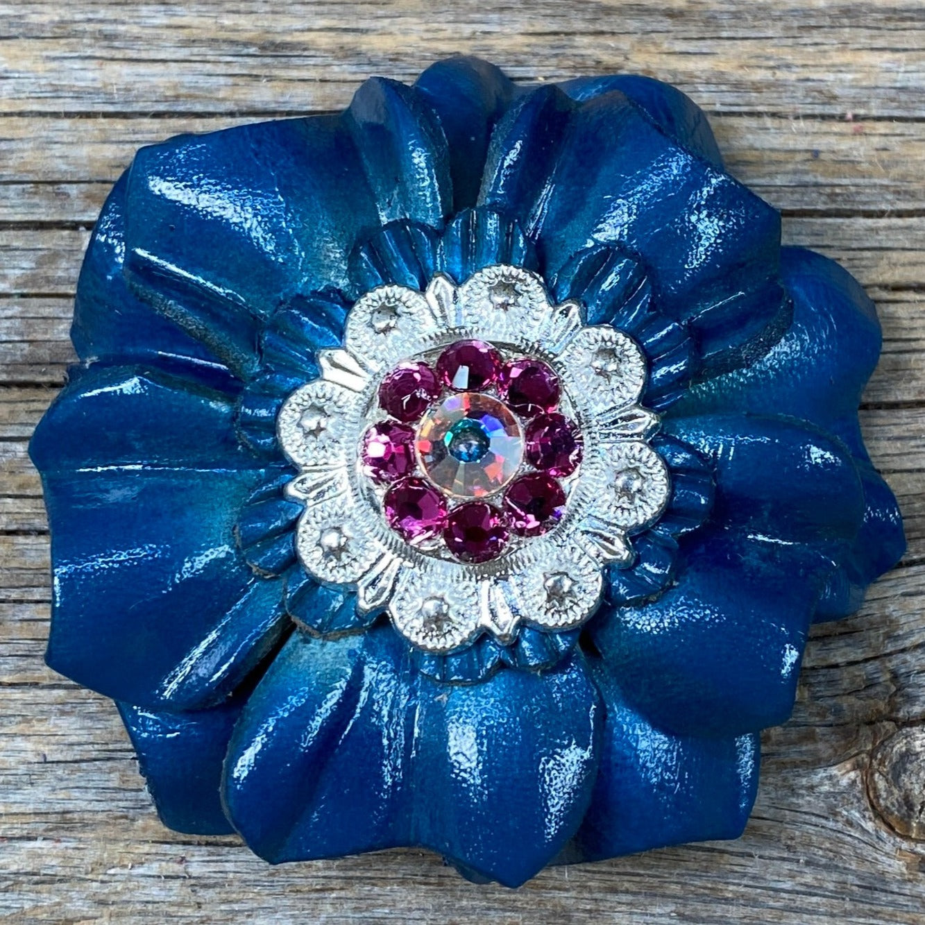 Teal Carnations Leather Flowers - 1&quot; Crystal Conchos - Options