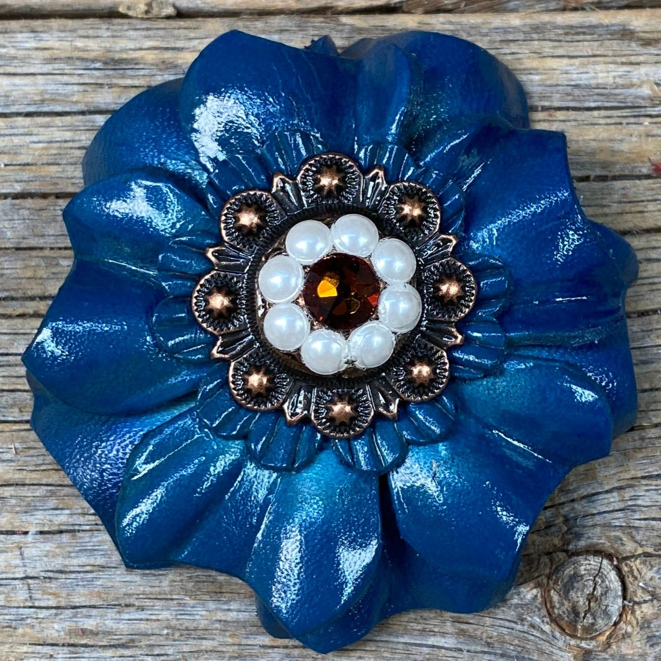 Teal Carnations Leather Flowers - 1&quot; Crystal Conchos - Options