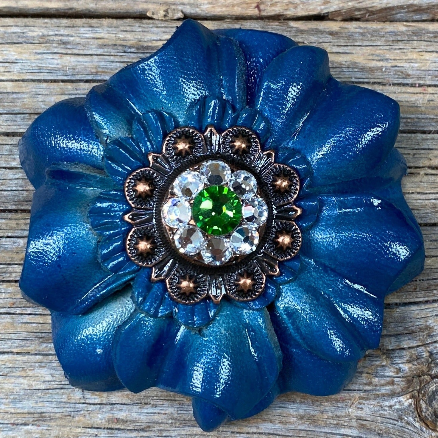 Teal Carnations Leather Flowers - 1&quot; Crystal Conchos - Options
