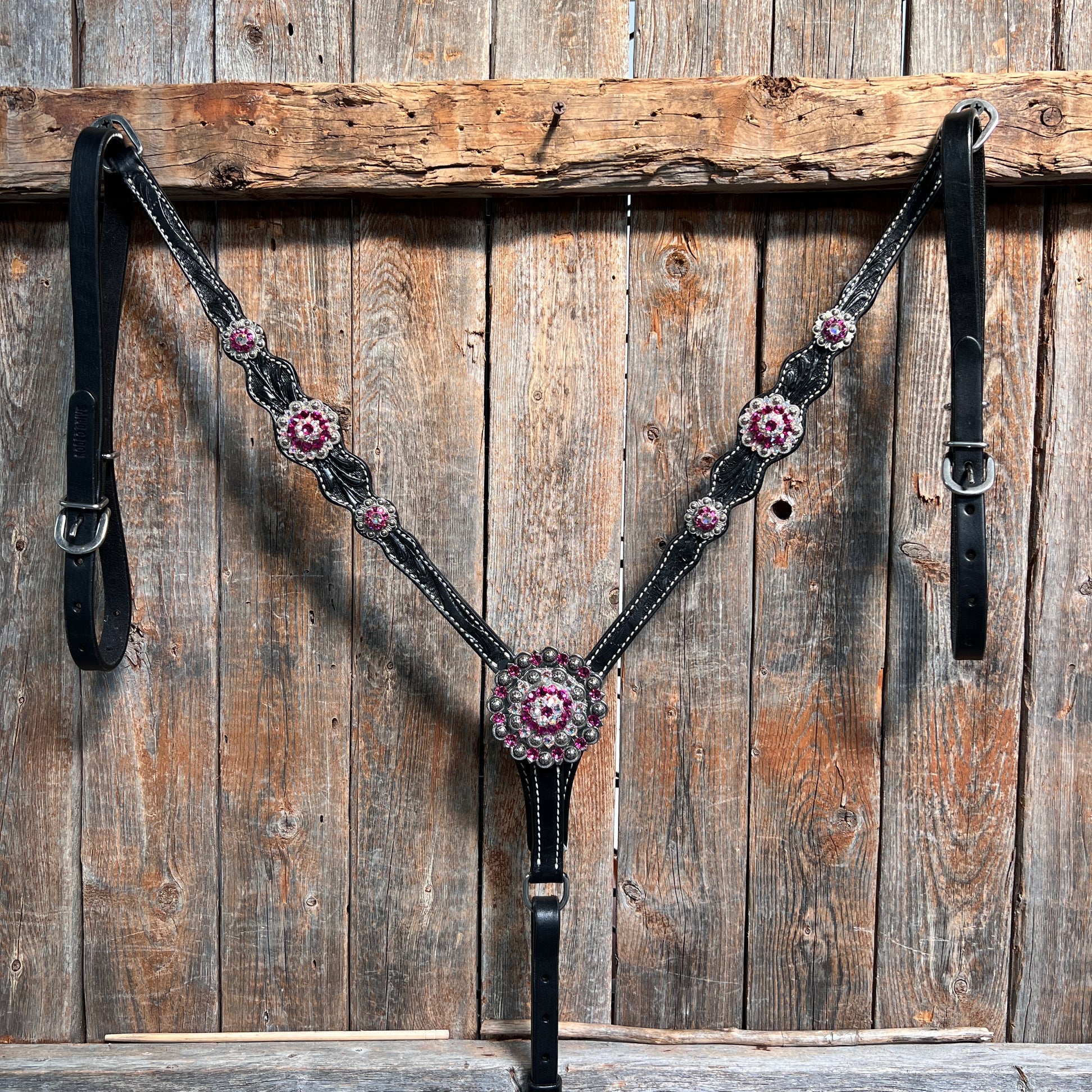 Black Floral Fuchsia Browband / One Ear Tack Set