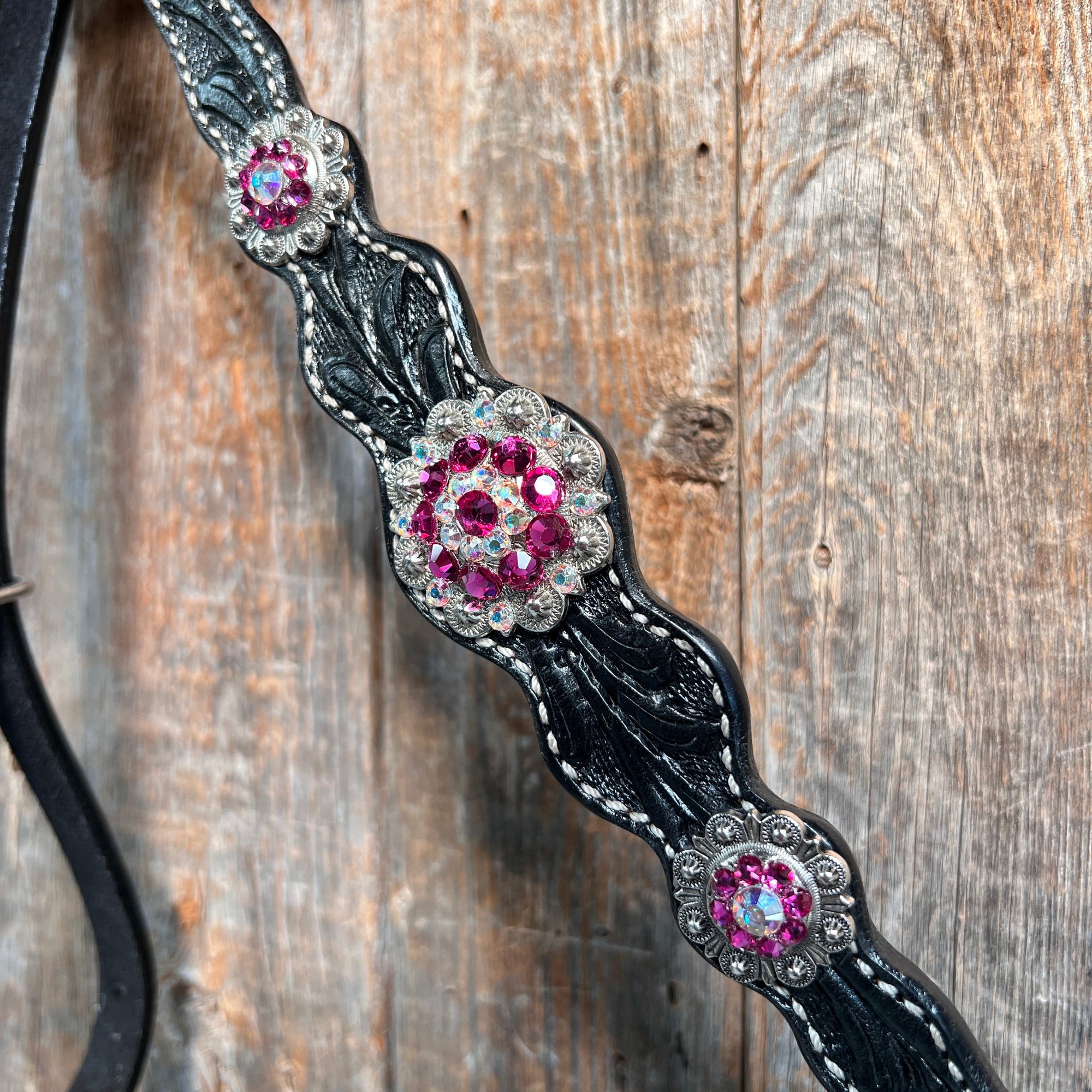 Black Floral Fuchsia Browband / One Ear Tack Set 