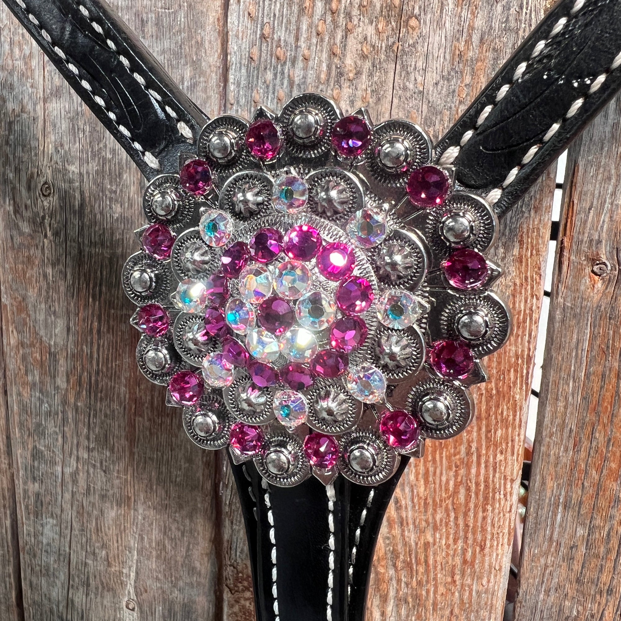 Black Floral Fuchsia Browband / One Ear Tack Set 