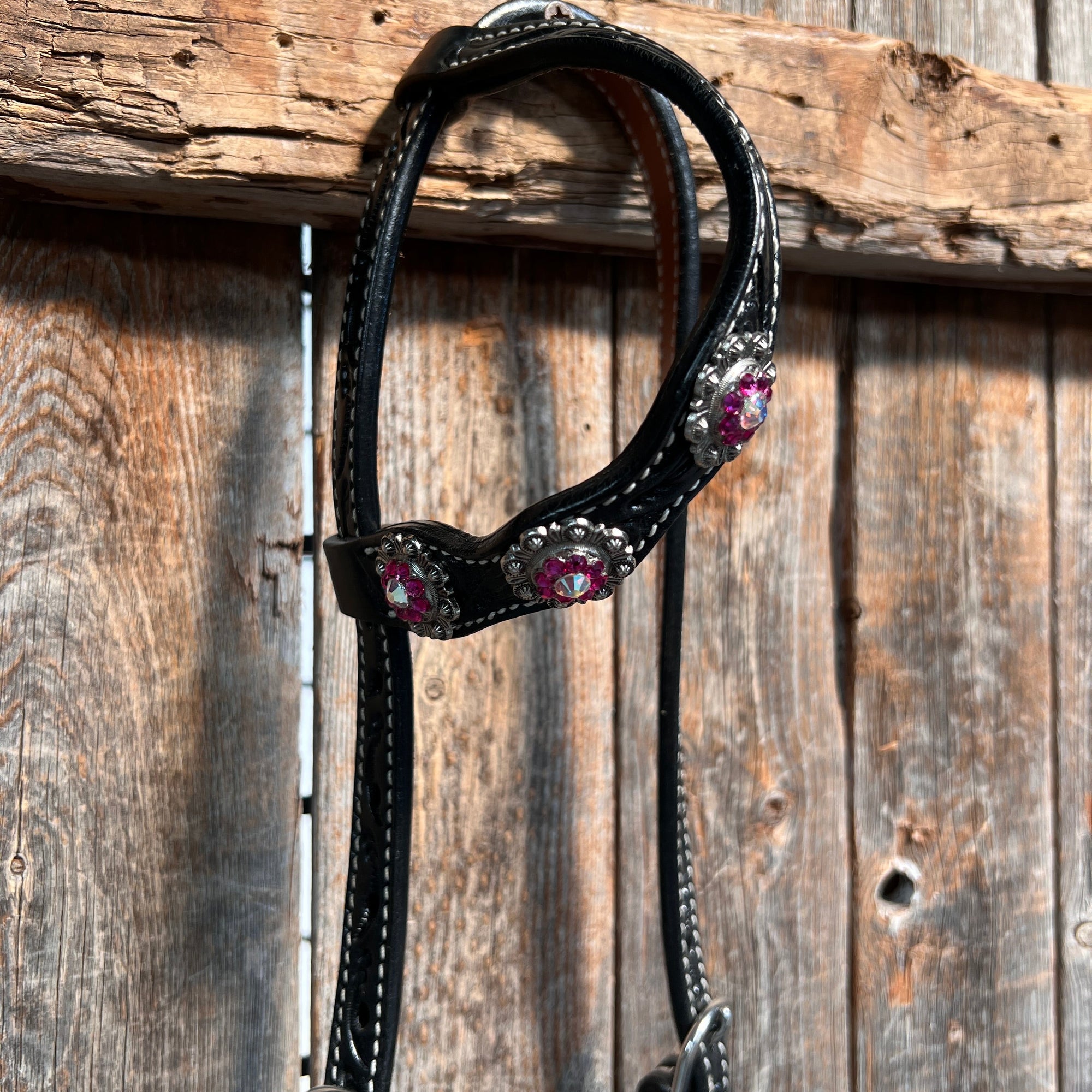 Black Floral Fuchsia Browband / One Ear Tack Set 