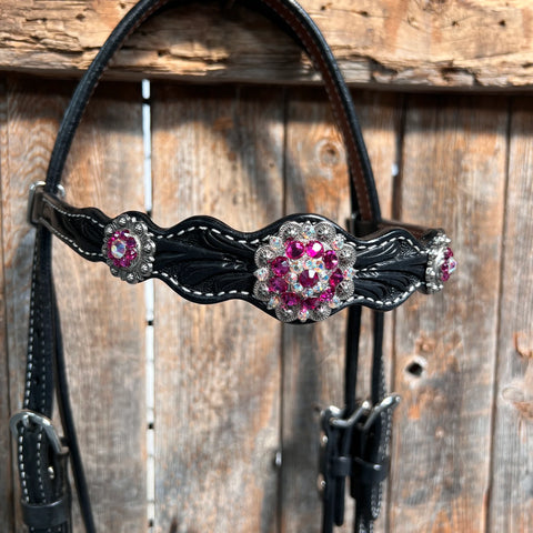 Black Floral Fuchsia Browband / One Ear Tack Set