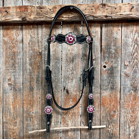 Black Floral Fuchsia Browband / One Ear Tack Set