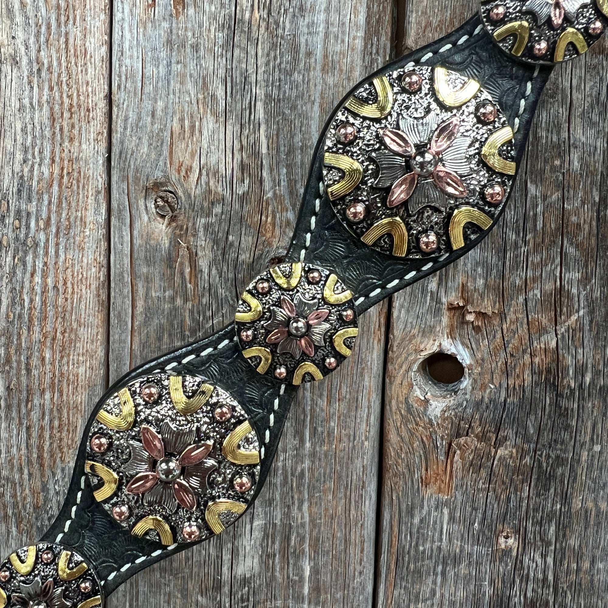 Black Basketweave Copper - Antique Silver Browband Tack Set  