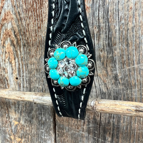 Black Floral Turquoise - Clear Browband / Breastcollar Tack Set