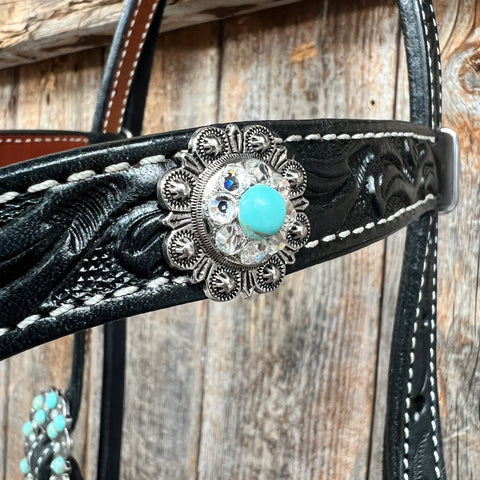 Black Floral Turquoise - Clear Browband / Breastcollar Tack Set