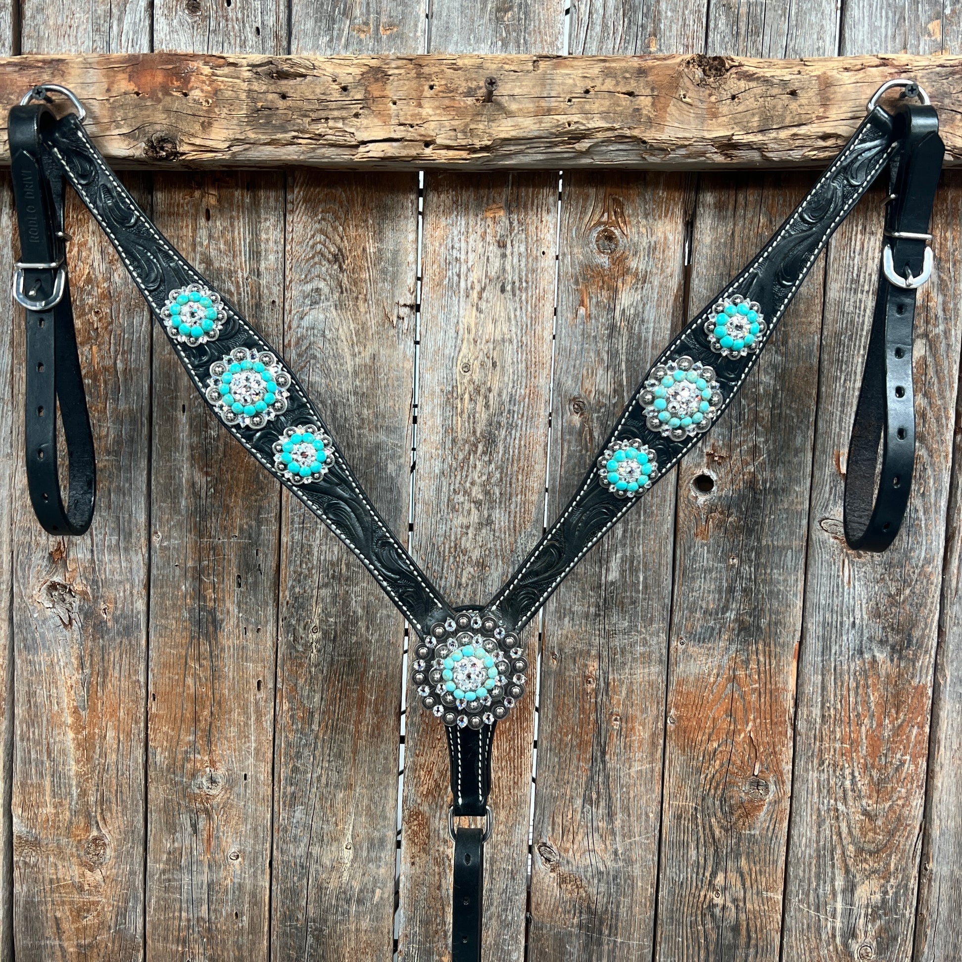 Black Floral Turquoise - Clear Browband / Breastcollar Tack Set