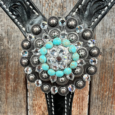 Black Floral Turquoise - Clear Browband / Breastcollar Tack Set