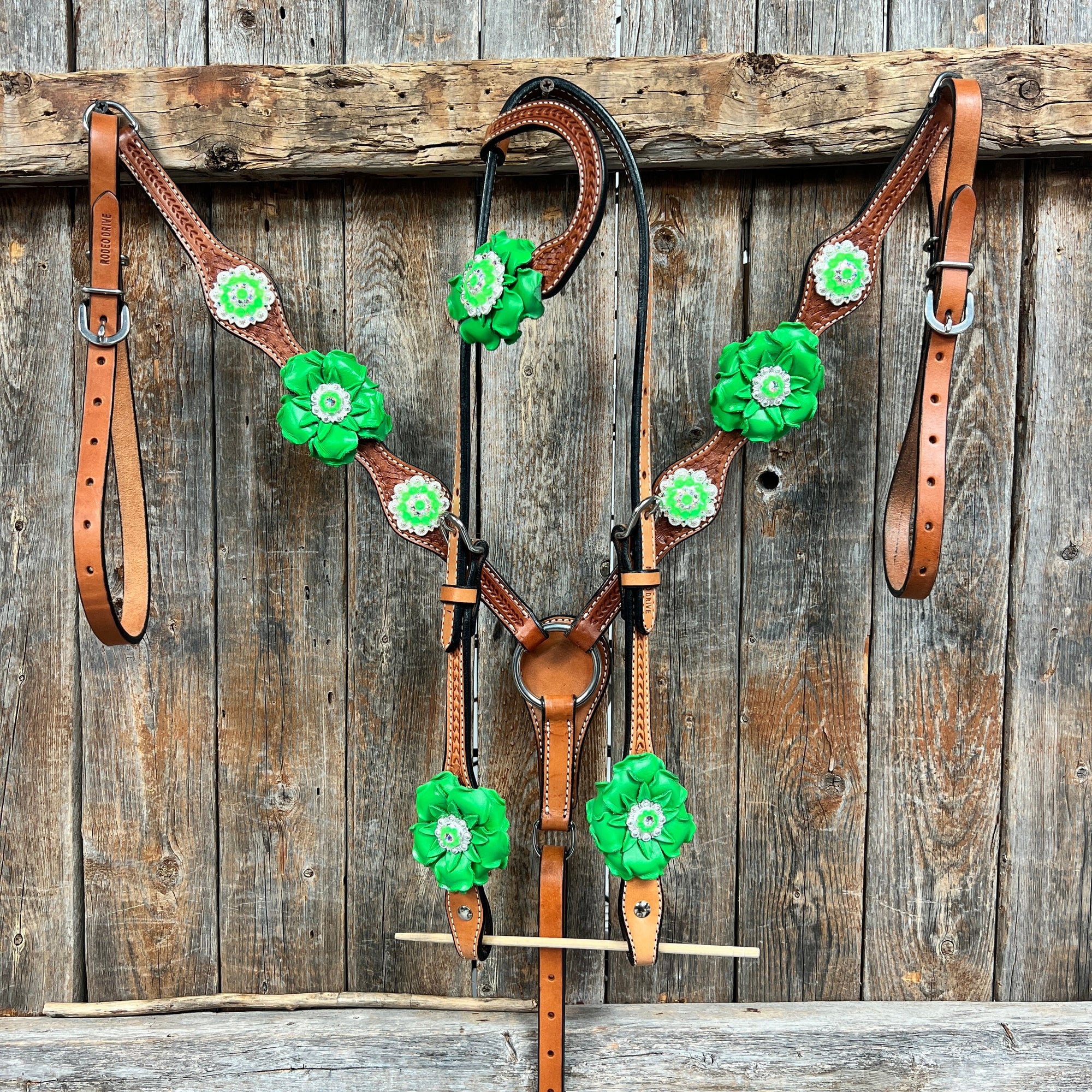 Light Oil Basketweave Neon Green - AB Browband/One Ear Tack Set  