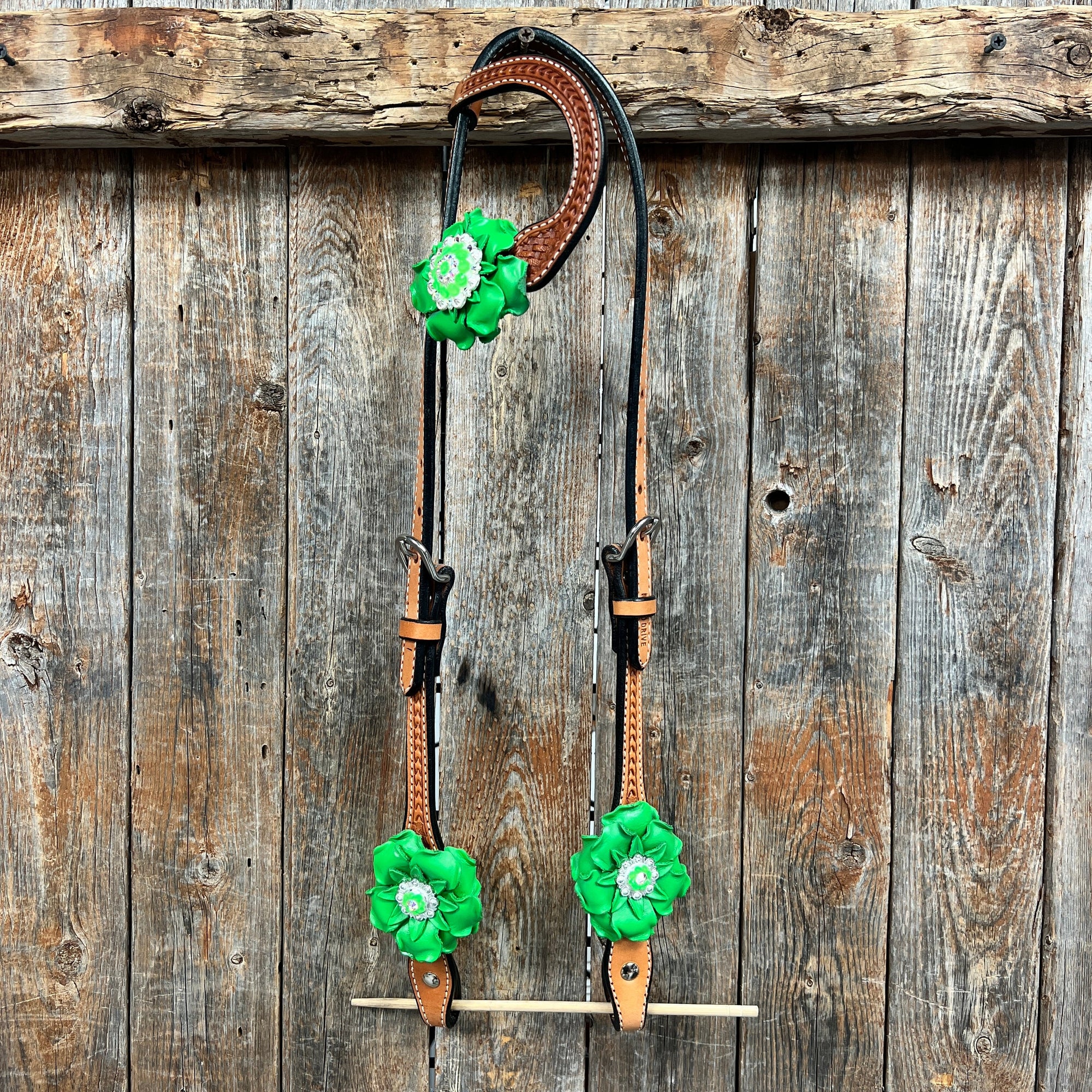 Light Oil Basketweave Neon Green - AB Browband/One Ear Tack Set  