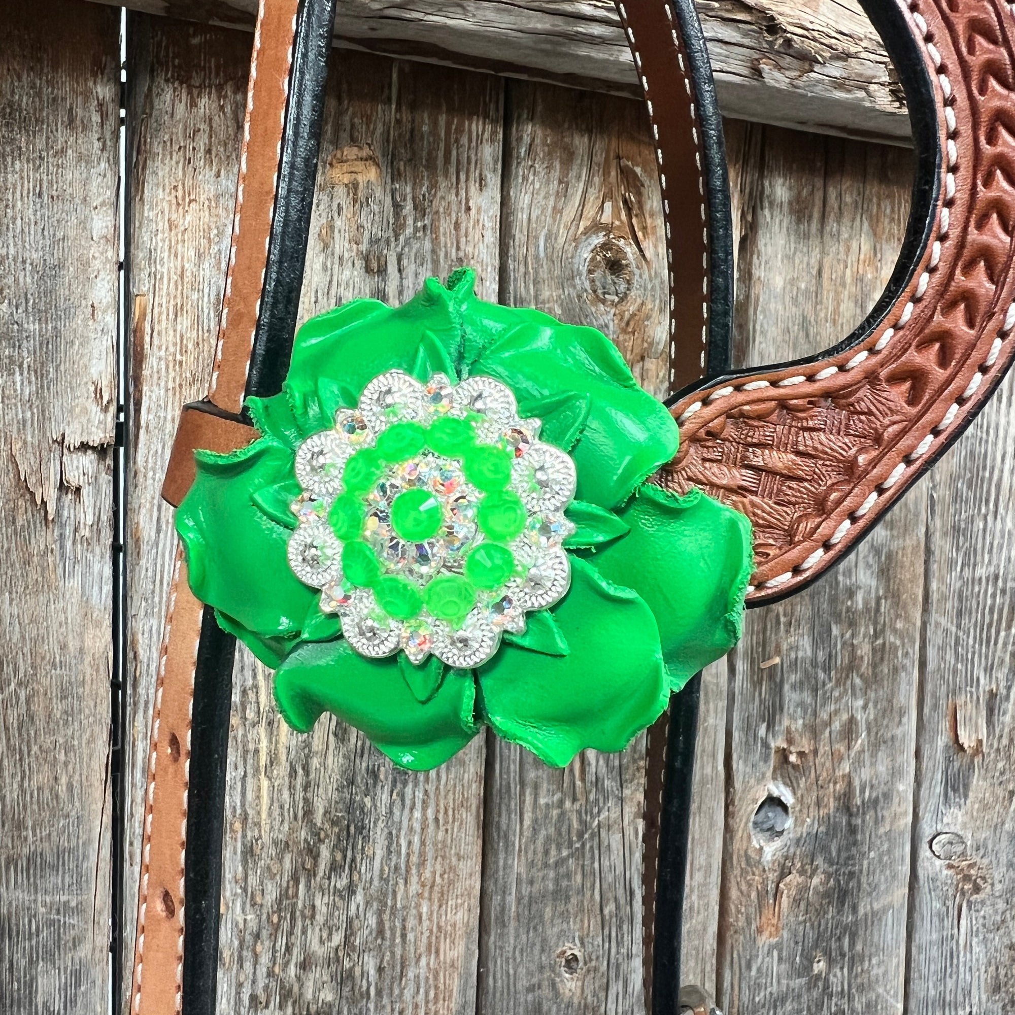 Light Oil Basketweave Neon Green - AB Browband/One Ear Tack Set  