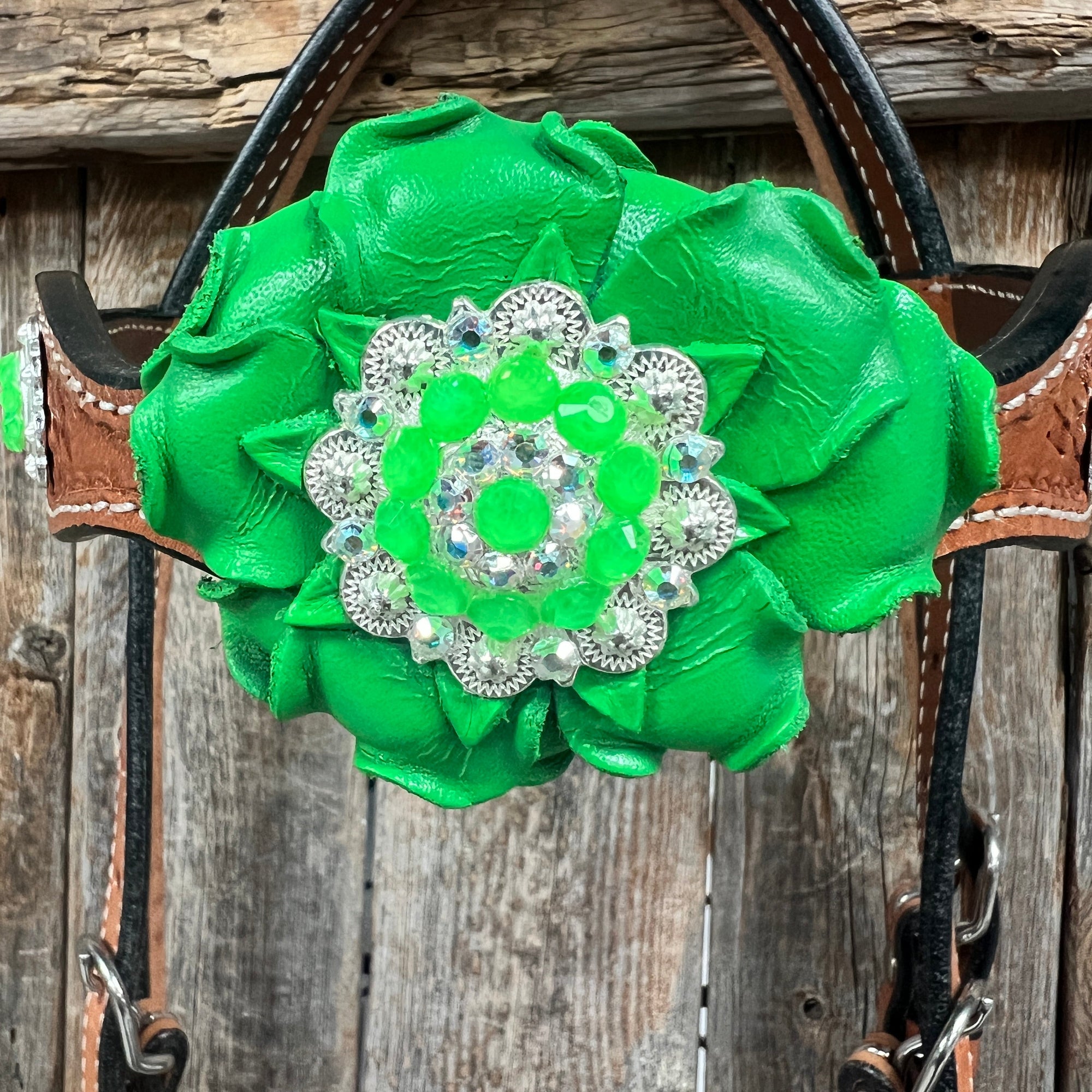 Light Oil Basketweave Neon Green - AB Browband/One Ear Tack Set  