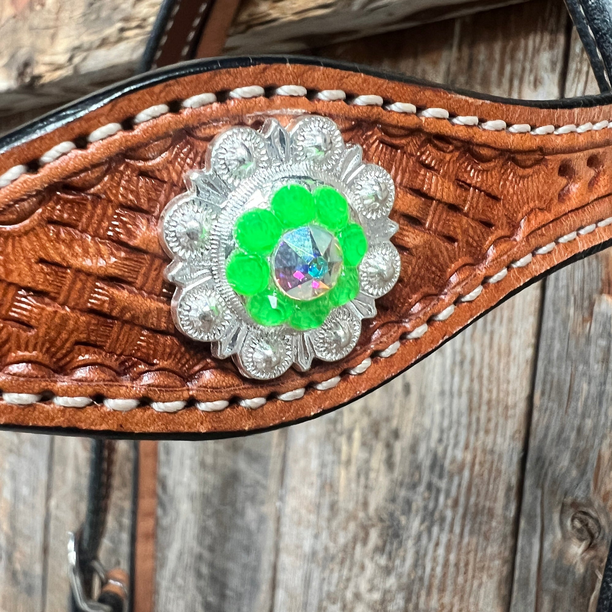 Light Oil Basketweave Neon Green - AB Browband/One Ear Tack Set  
