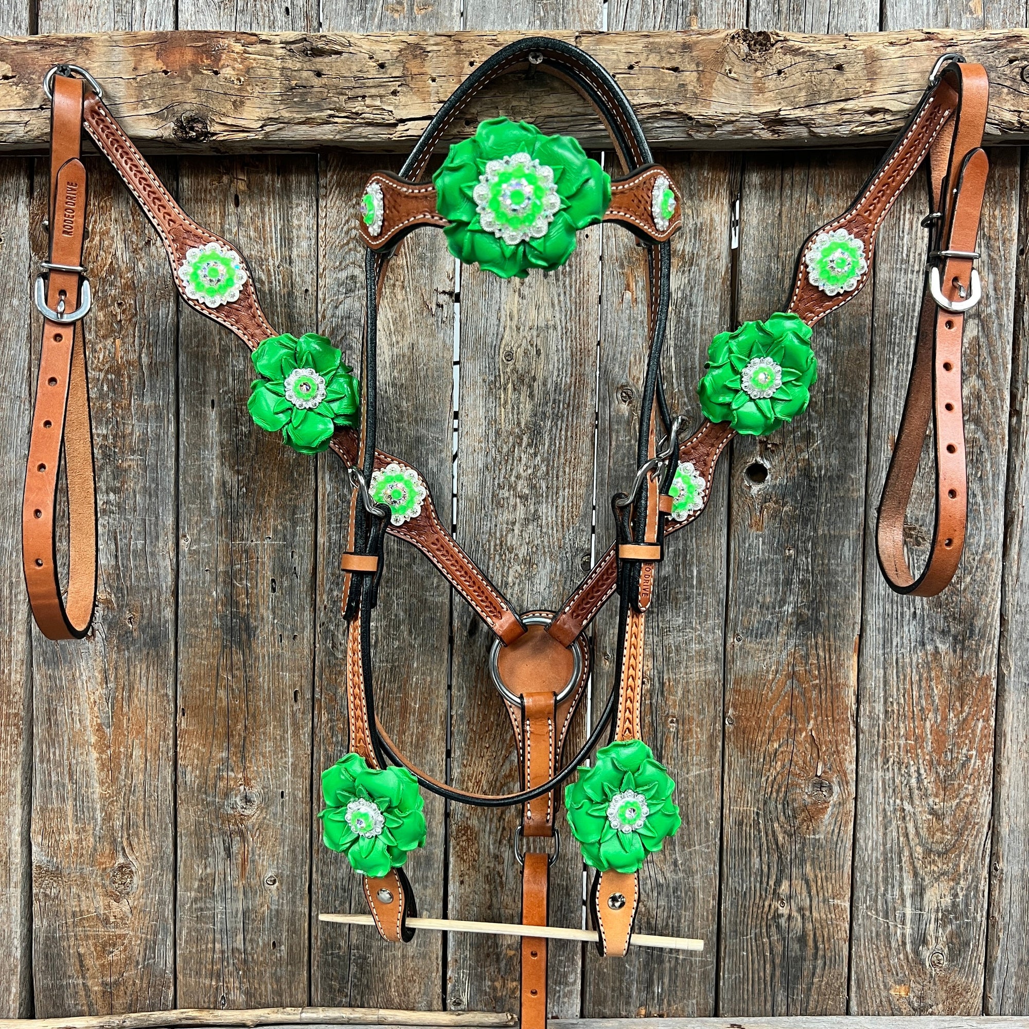 Light Oil Basketweave Neon Green - AB Browband/One Ear Tack Set  