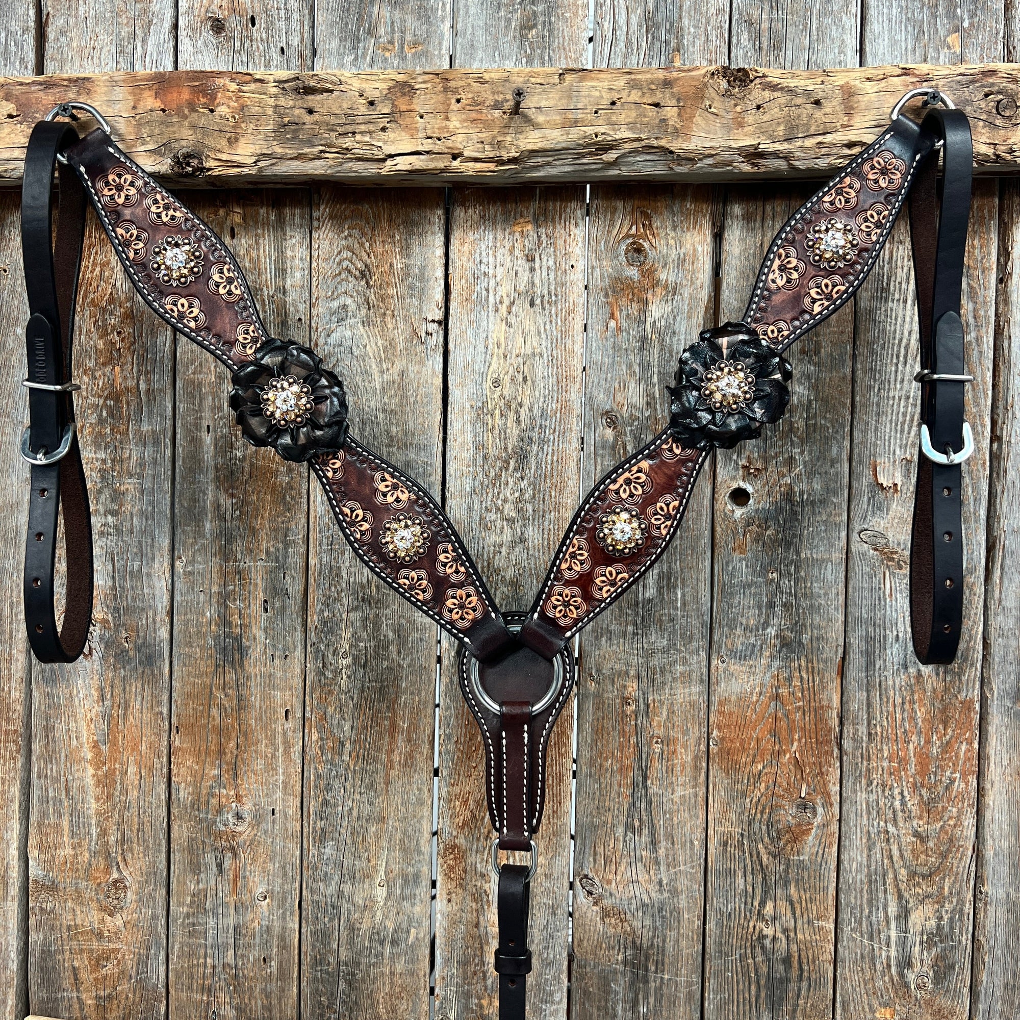 Flower Power Black - Champagne Browband/One Ear Headstall &amp; Breastcollar Tack Set 