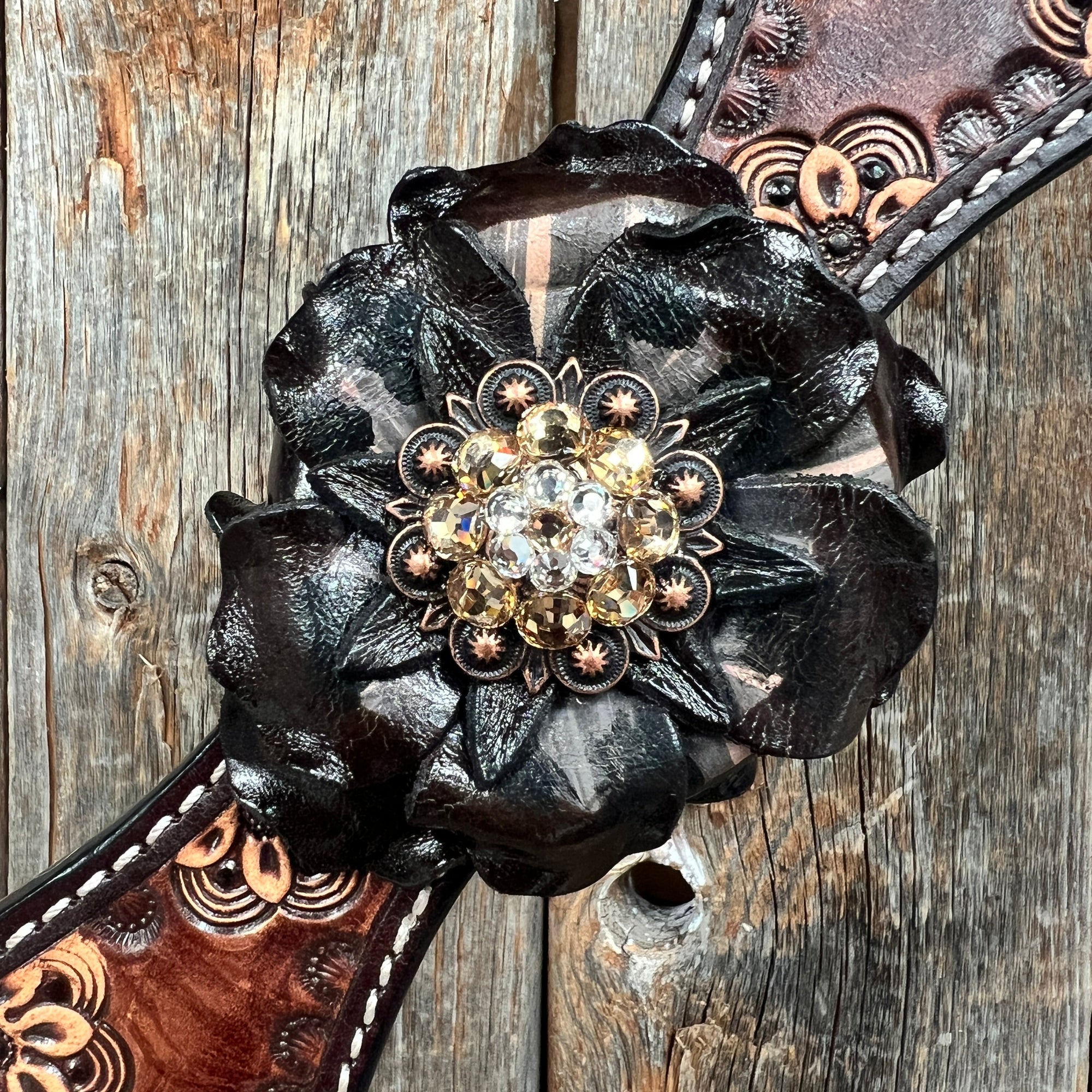 Flower Power Black - Champagne Browband/One Ear Headstall &amp; Breastcollar Tack Set 