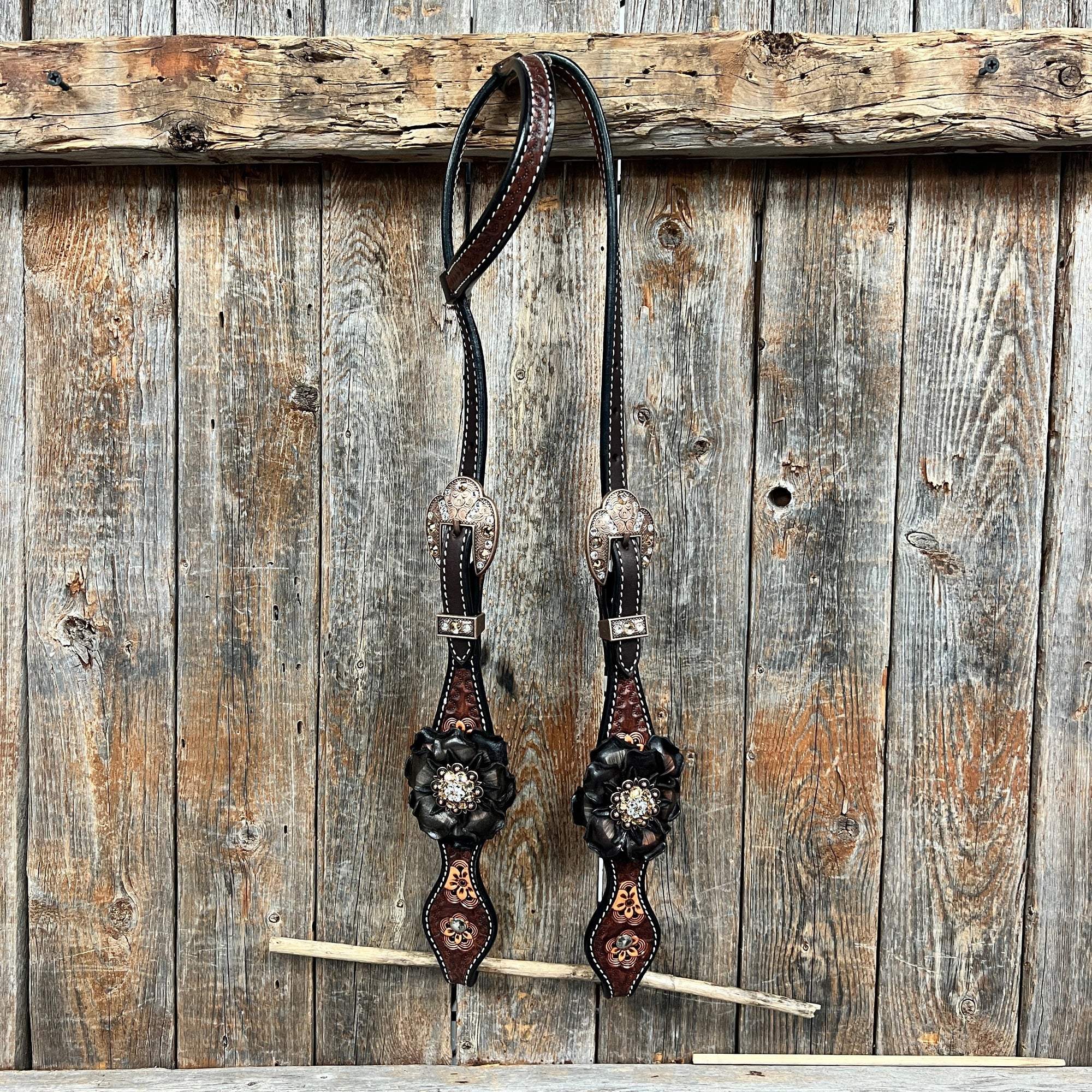 Flower Power Black - Champagne Browband/One Ear Headstall &amp; Breastcollar Tack Set 