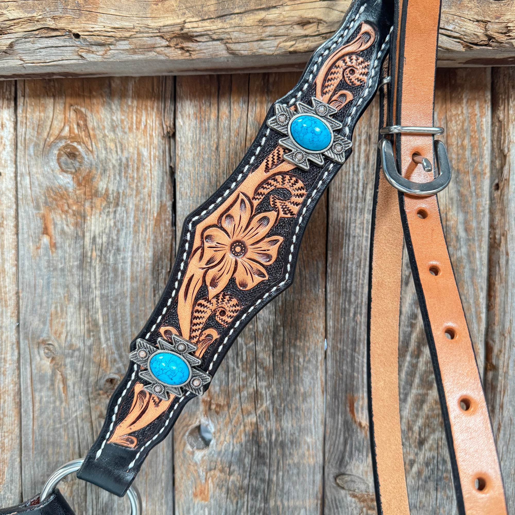 Two Tone Floral Triangle Antique Silver Turquoise Browband/One Ear - Triangle/Gladiator Breastcollar Tack Set 