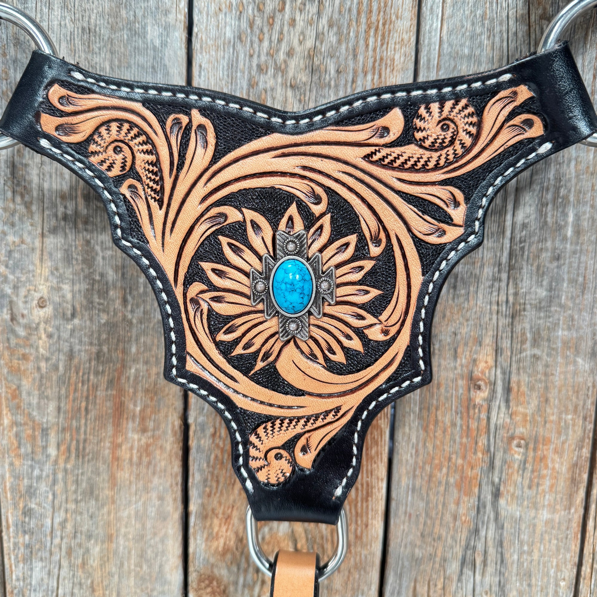 Two Tone Floral Triangle Antique Silver Turquoise Browband/One Ear - Triangle/Gladiator Breastcollar Tack Set 