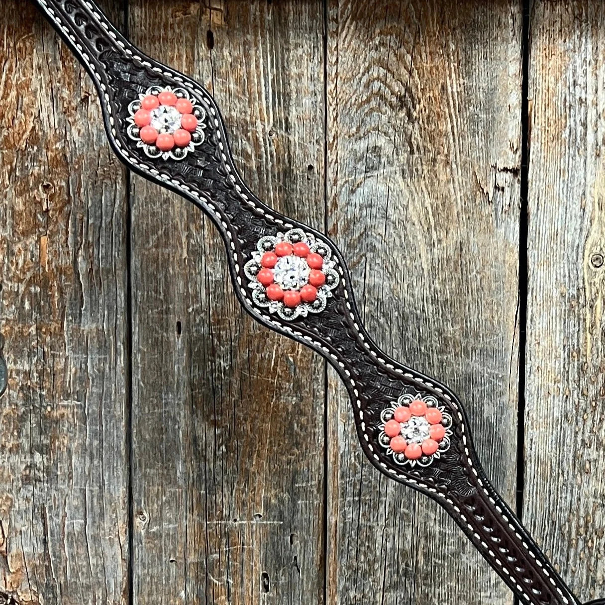 Dark Oil Basketweave Coral - Clear Browband/One Ear Tack Set