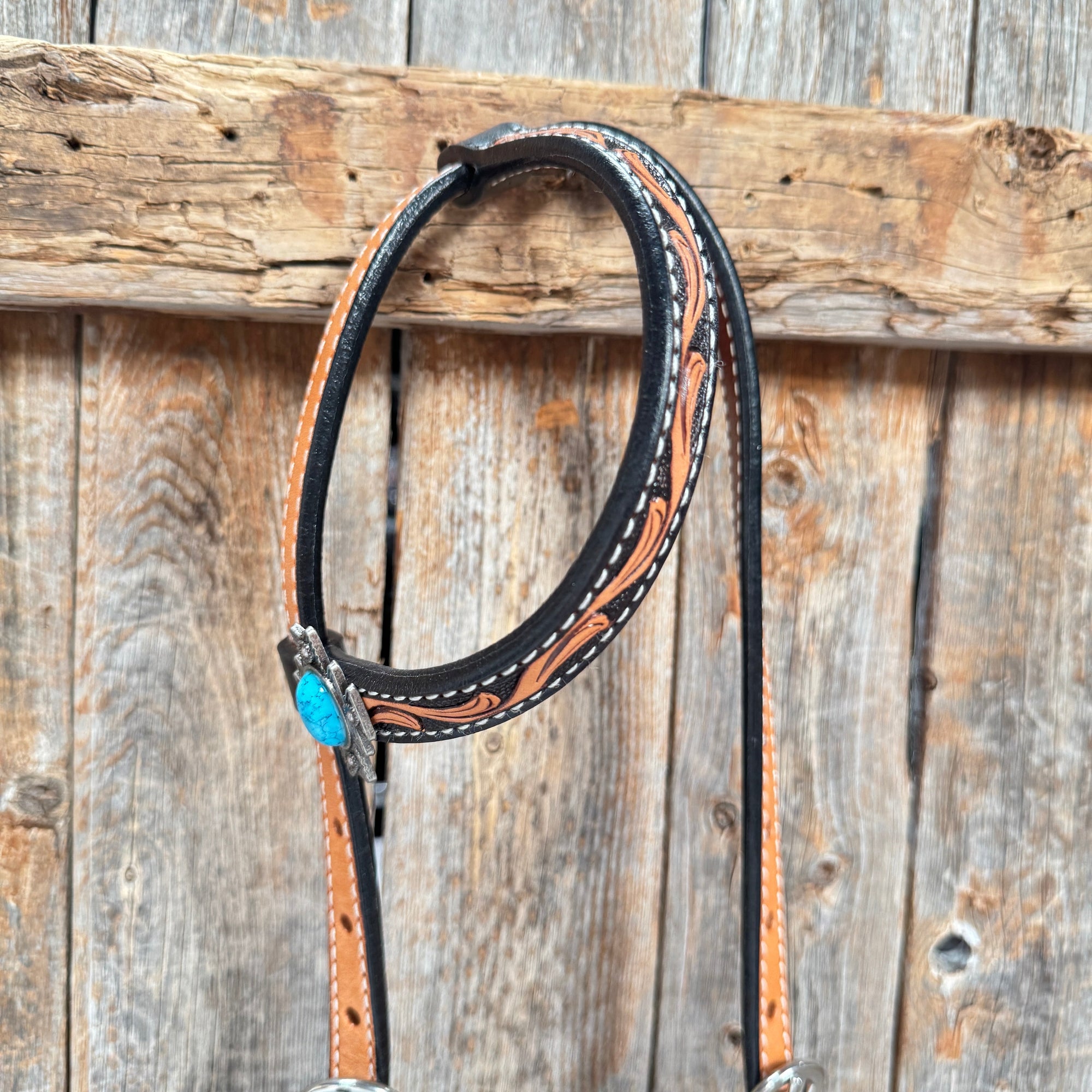 Two Tone Floral Triangle Antique Silver Turquoise Browband/One Ear - Triangle/Gladiator Breastcollar Tack Set 