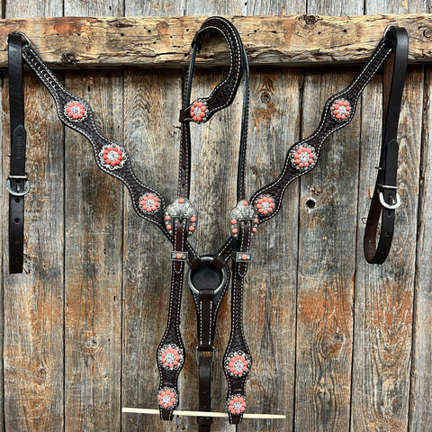 Dark Oil Basketweave Coral - Clear Browband/One Ear Tack Set