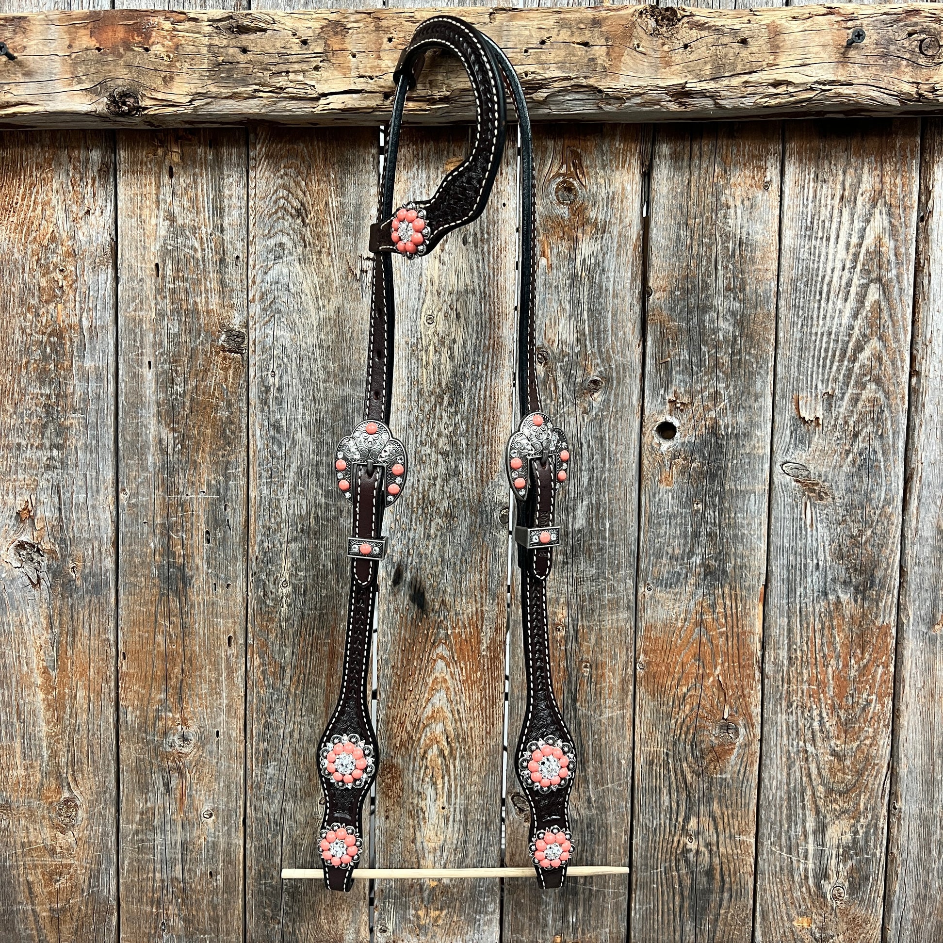 Dark Oil Basketweave Coral - Clear Browband/One Ear Tack Set