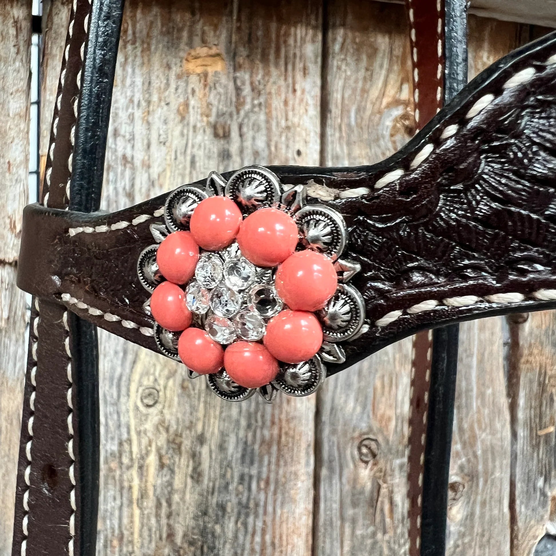 Dark Oil Basketweave Coral - Clear Browband/One Ear Tack Set