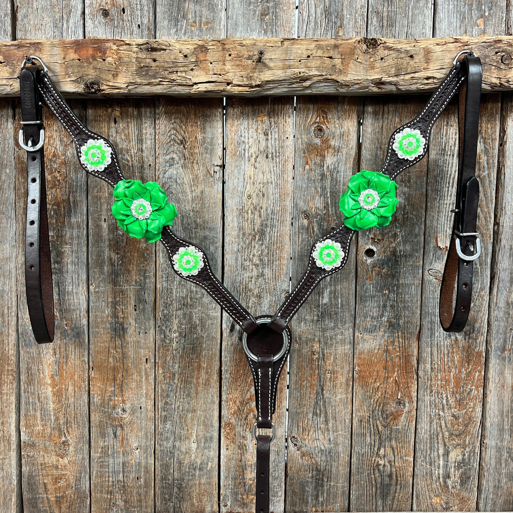 Dark Oil Basketweave Neon Green - AB Browband/One Ear Tack Set  