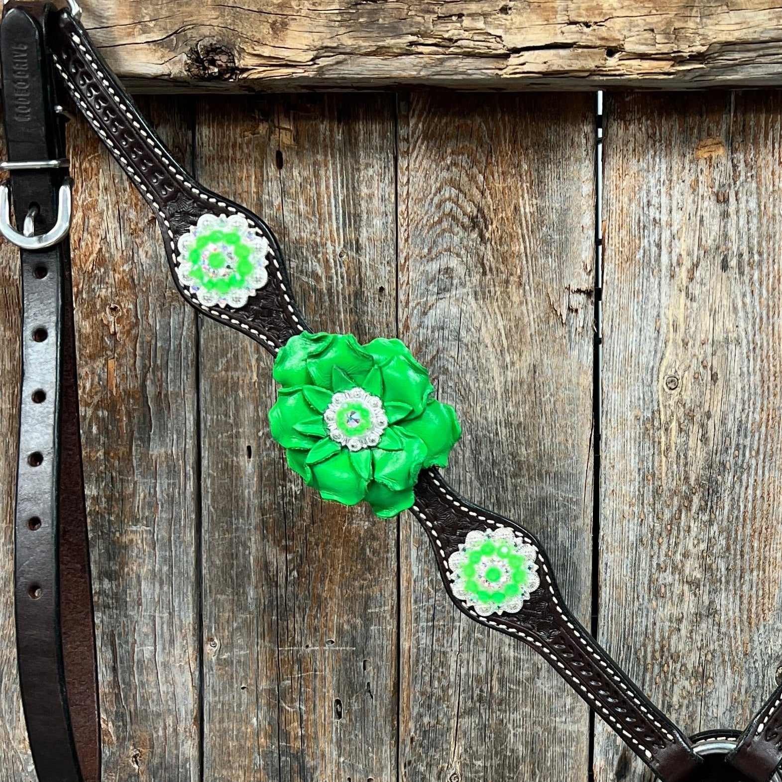 Dark Oil Basketweave Neon Green - AB Browband/One Ear Tack Set  