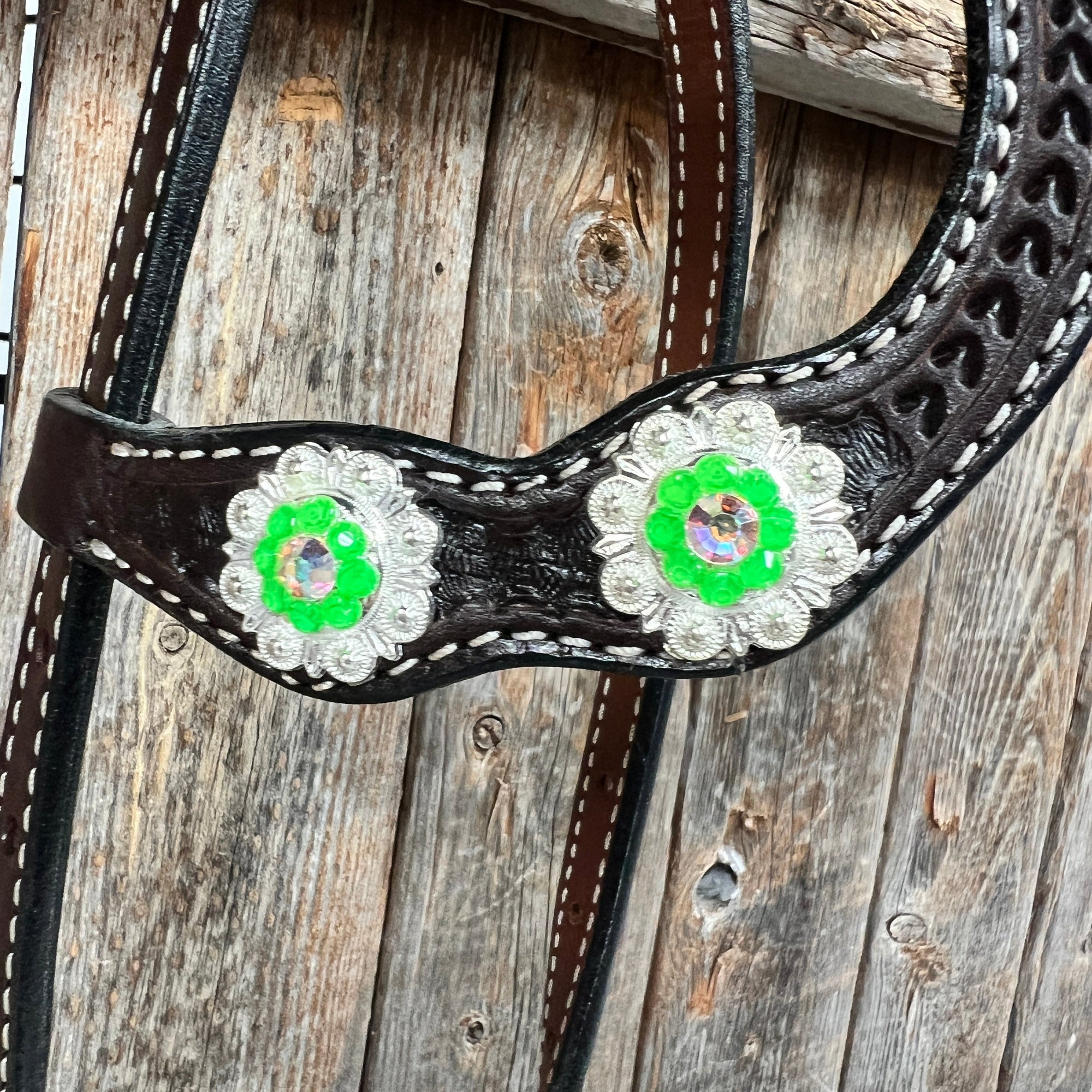 Dark Oil Basketweave Neon Green - AB Browband/One Ear Tack Set  
