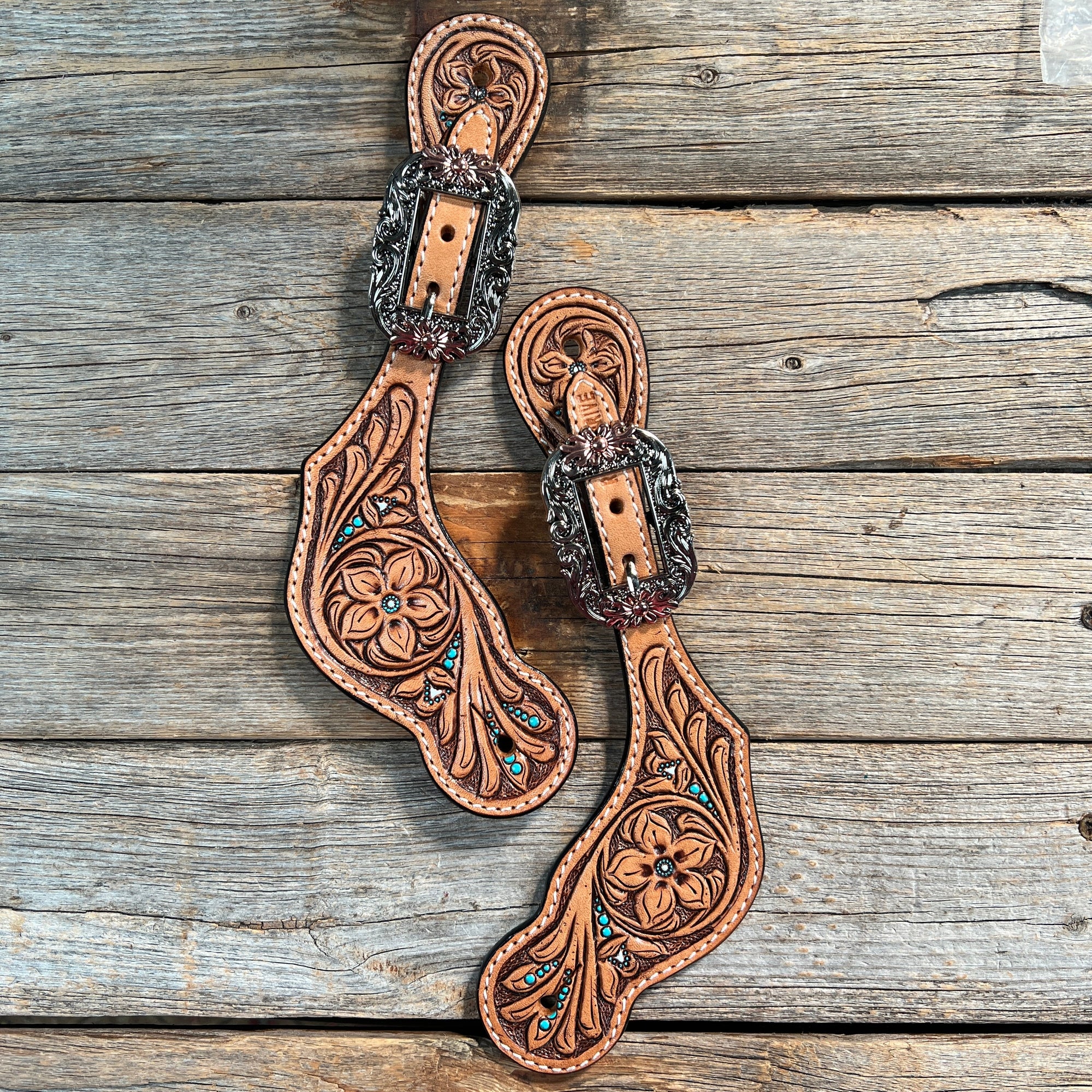 Floral Teal Dot Spur Straps - Copper Flower 
