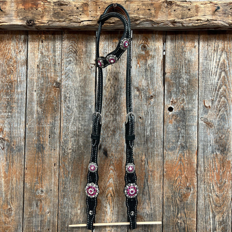 Black Floral Fuchsia Browband / One Ear Tack Set