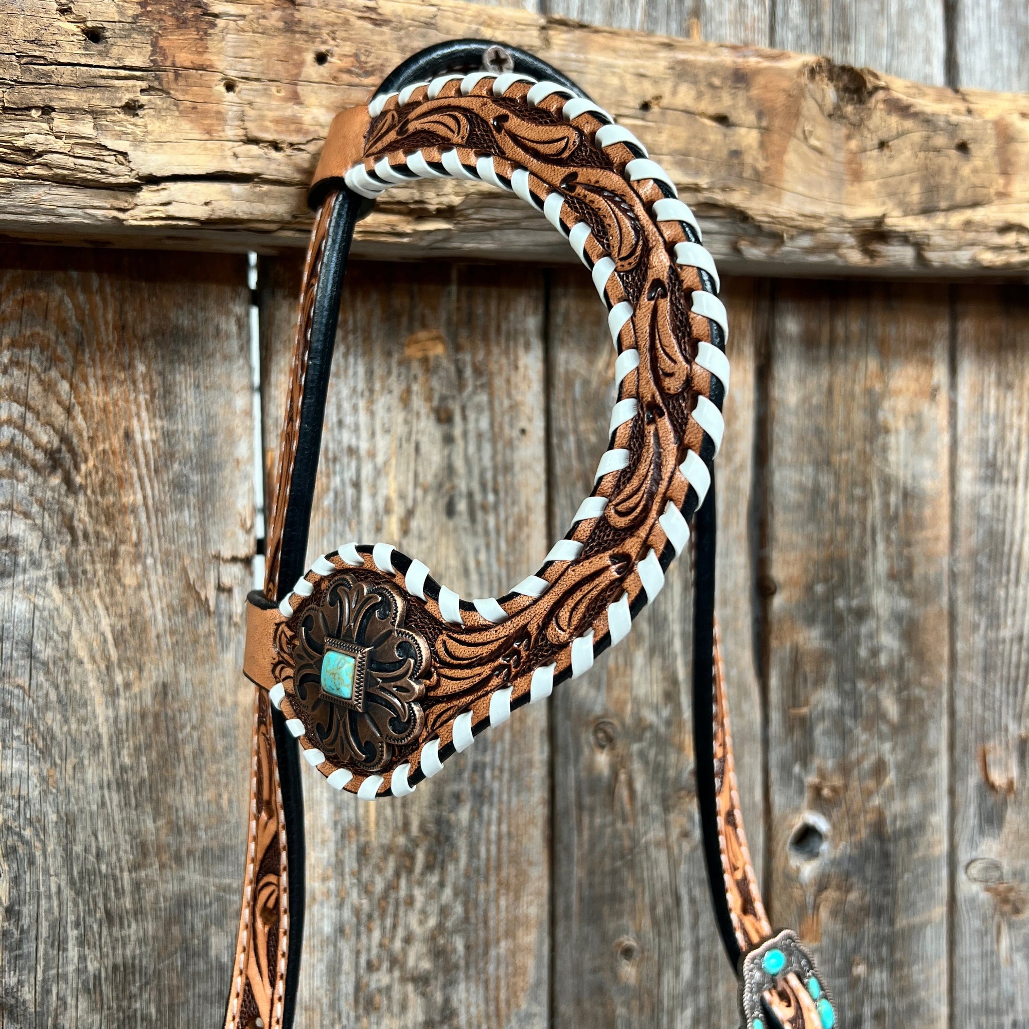 Whipstitch Copper Turquoise  Browband / One Ear Tack Set 